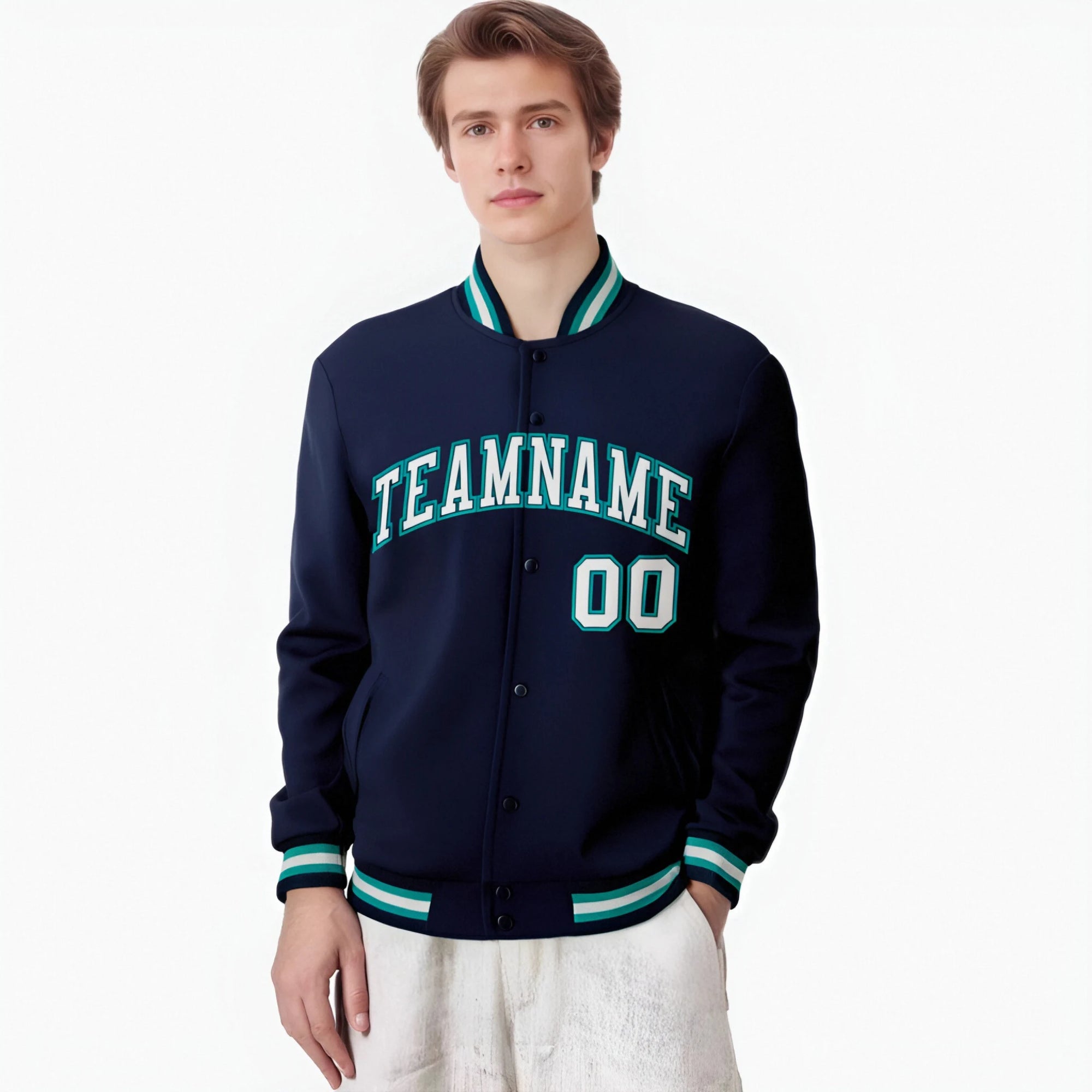 Custom Navy Gray-Aqua Bomber Full-Snap Varsity Letterman Jacket