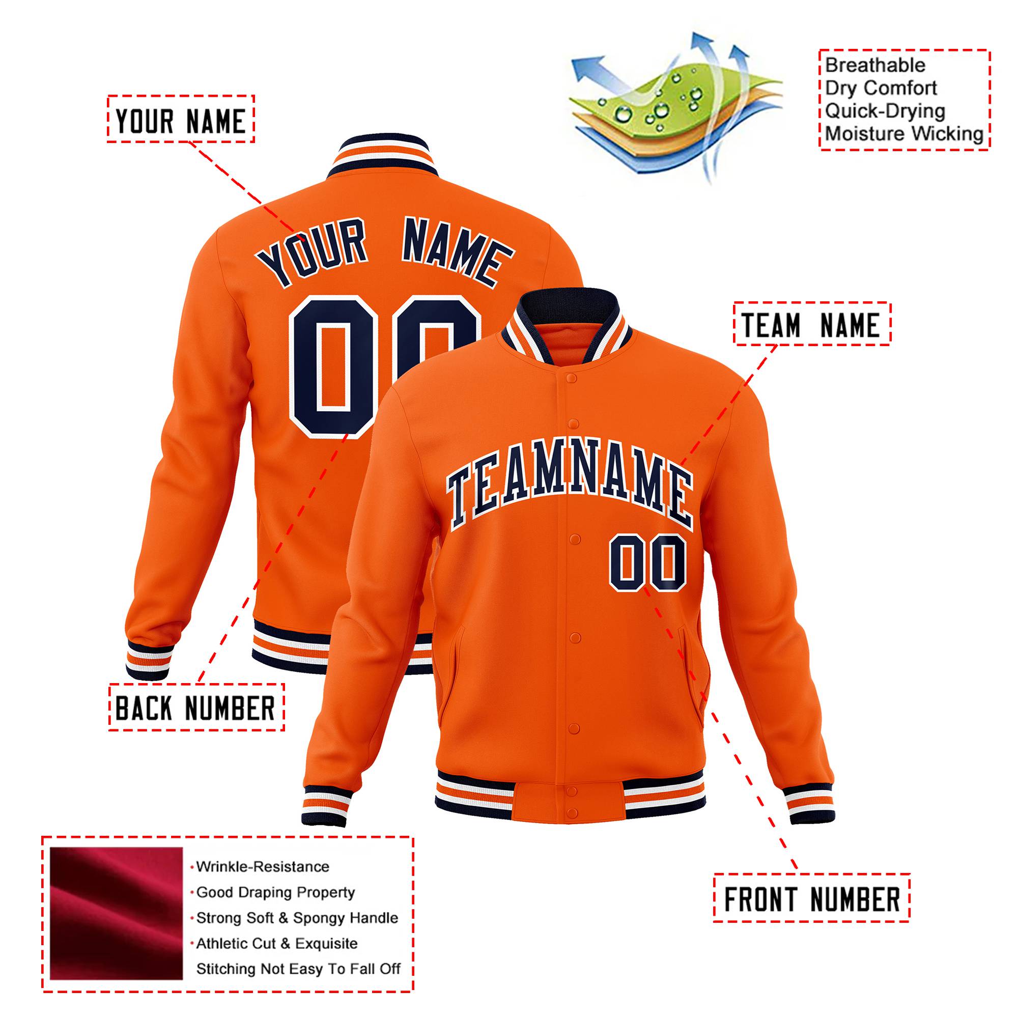 Custom Orange Navy-White Bomber Full-Snap Varsity Letterman Jacket