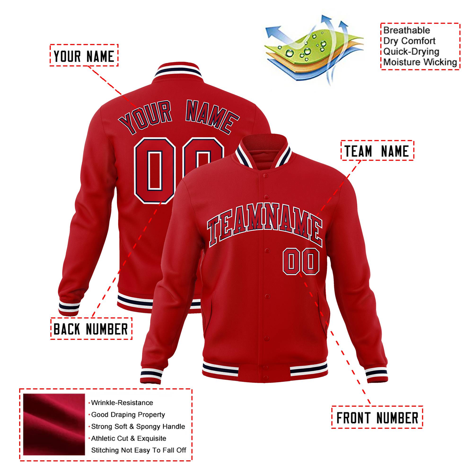 Custom Royal Red Burgundy-White Bomber Full-Snap Varsity Letterman Jacket