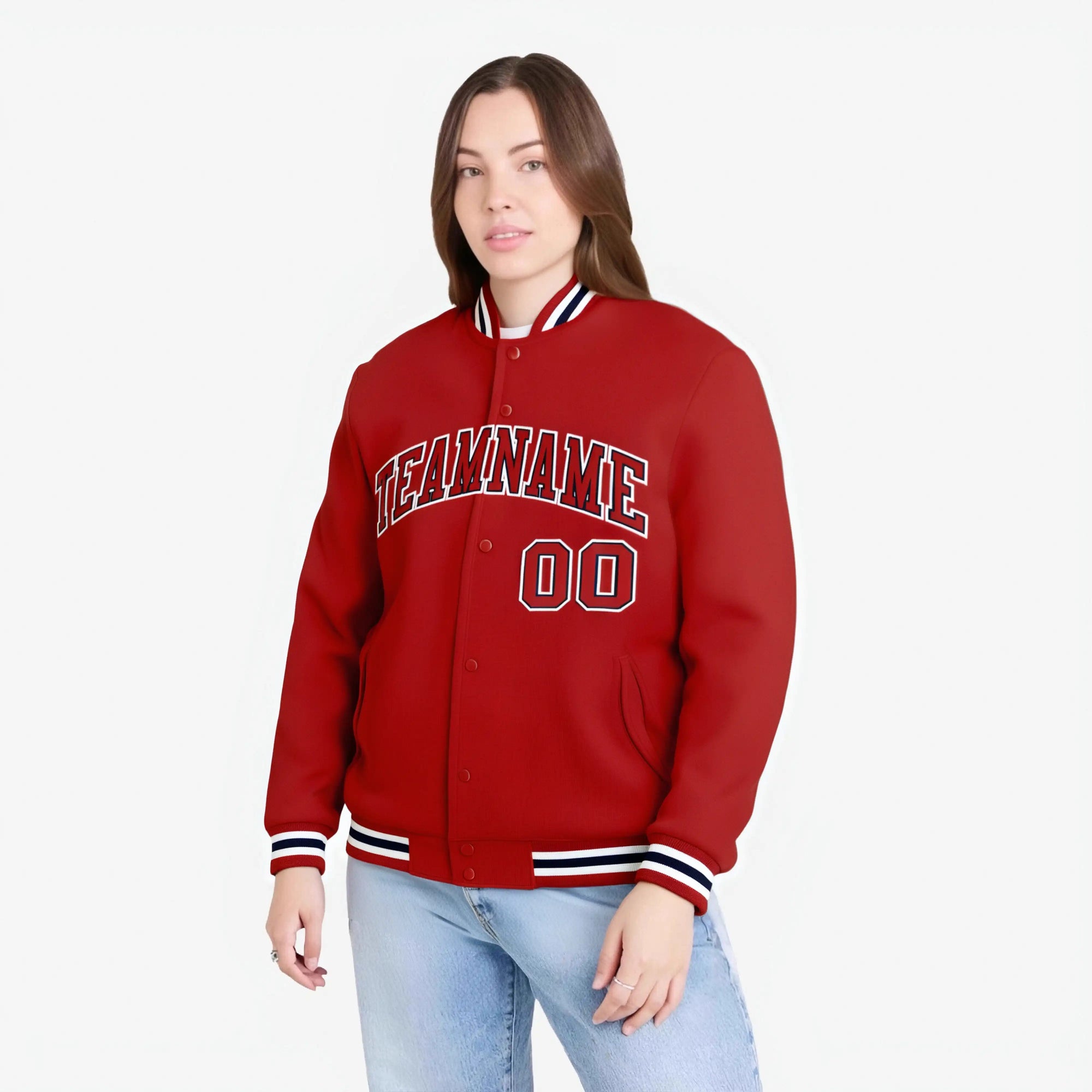 Custom Royal Red Burgundy-White Bomber Full-Snap Varsity Letterman Jacket