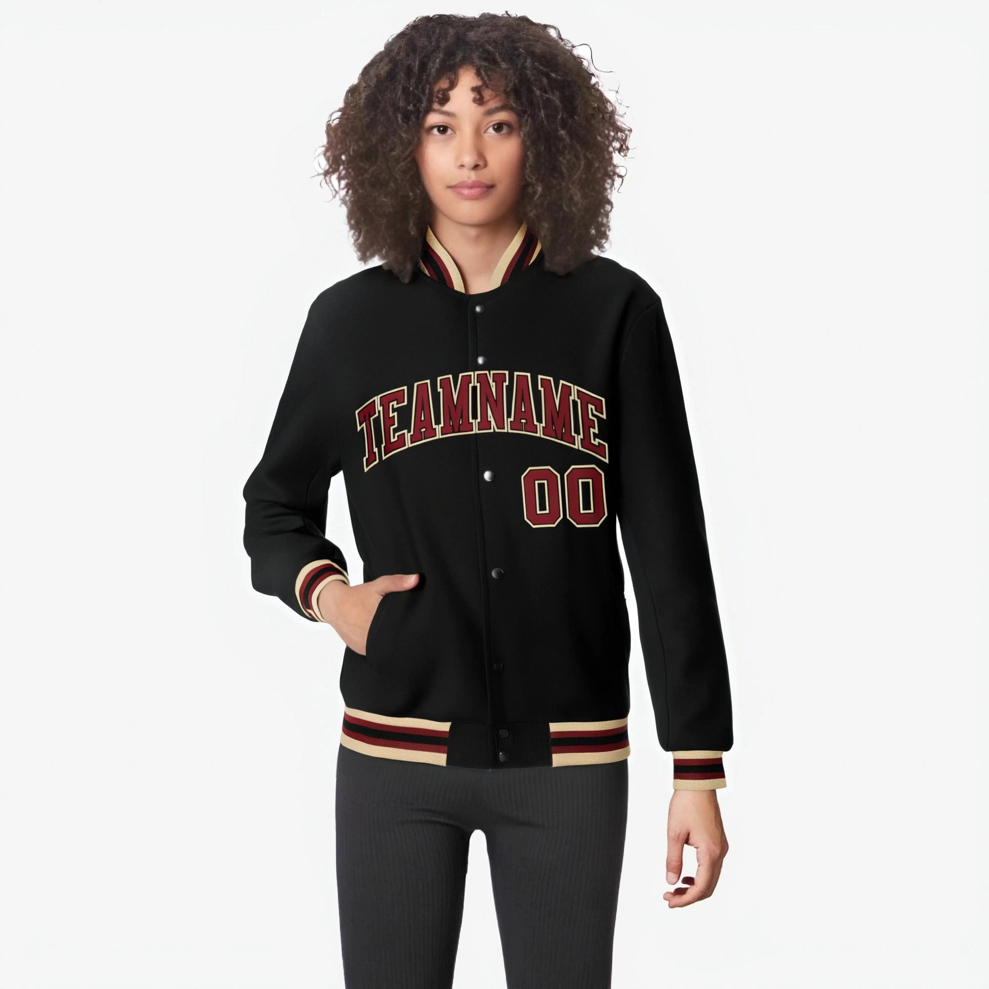 Custom Black Burgundy Old-Gold Bomber Full-Snap Varsity Letterman Jacket