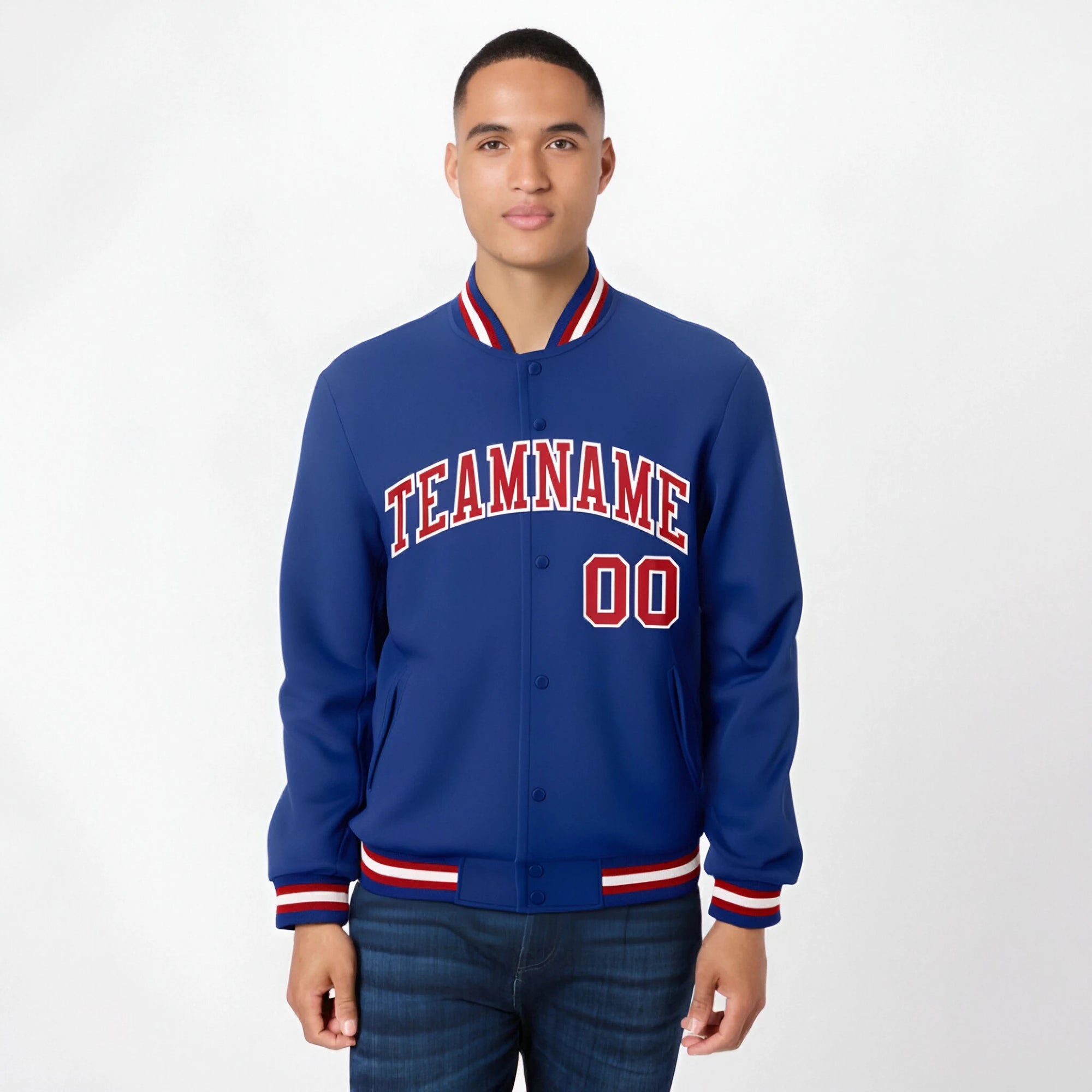 Custom Navy Blue Red-White Bomber Full-Snap Varsity Letterman Jacket