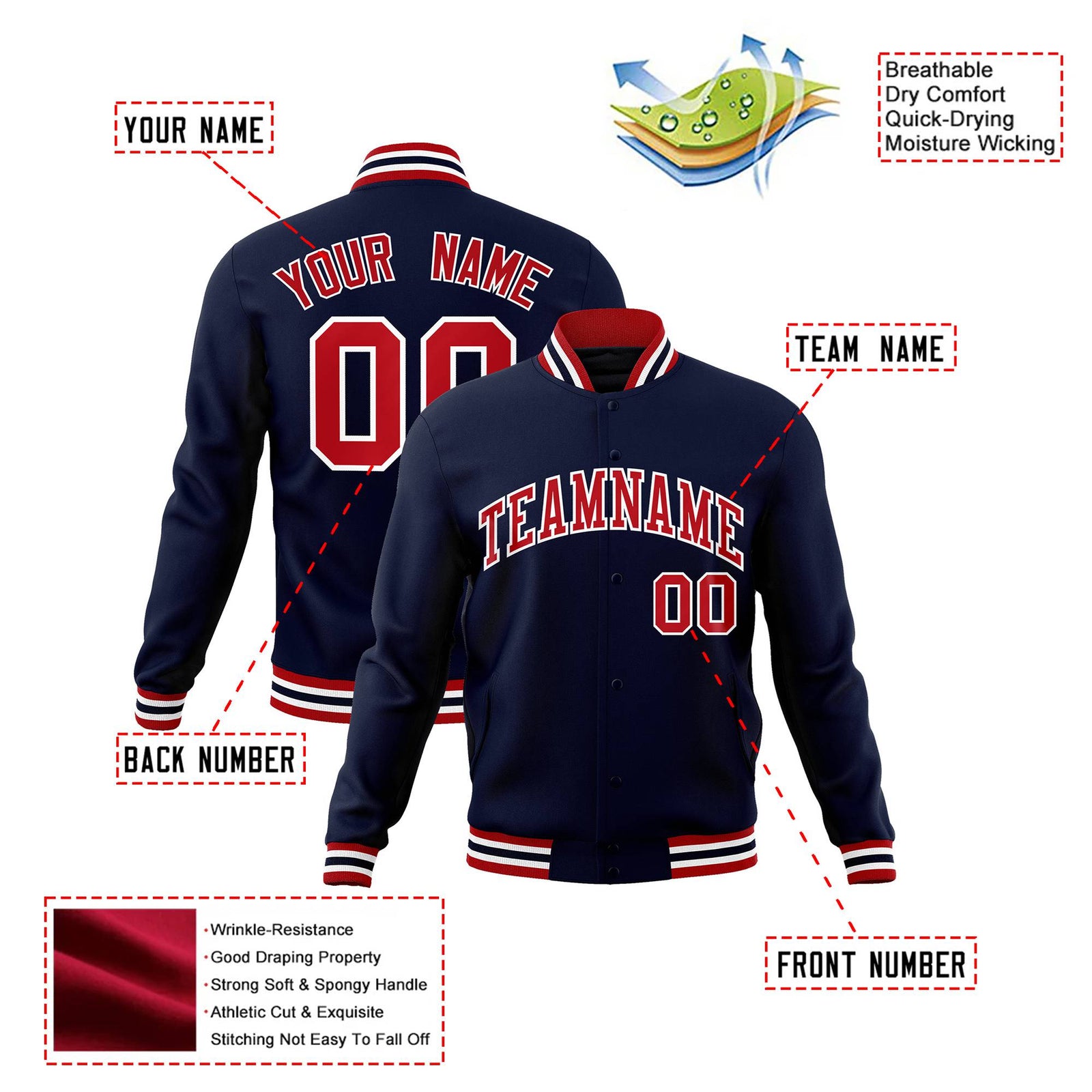 Custom Navy Red-White Bomber Full-Snap Varsity Letterman Jacket
