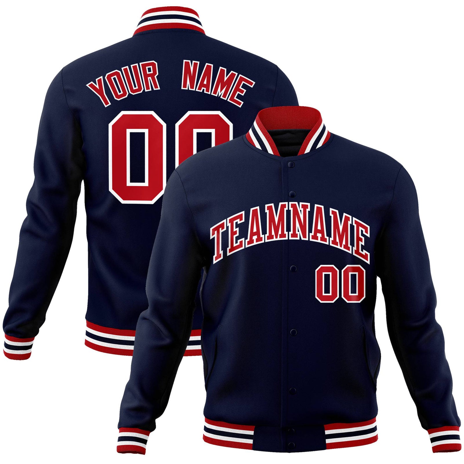 Custom Navy Red-White Bomber Full-Snap Varsity Letterman Jacket