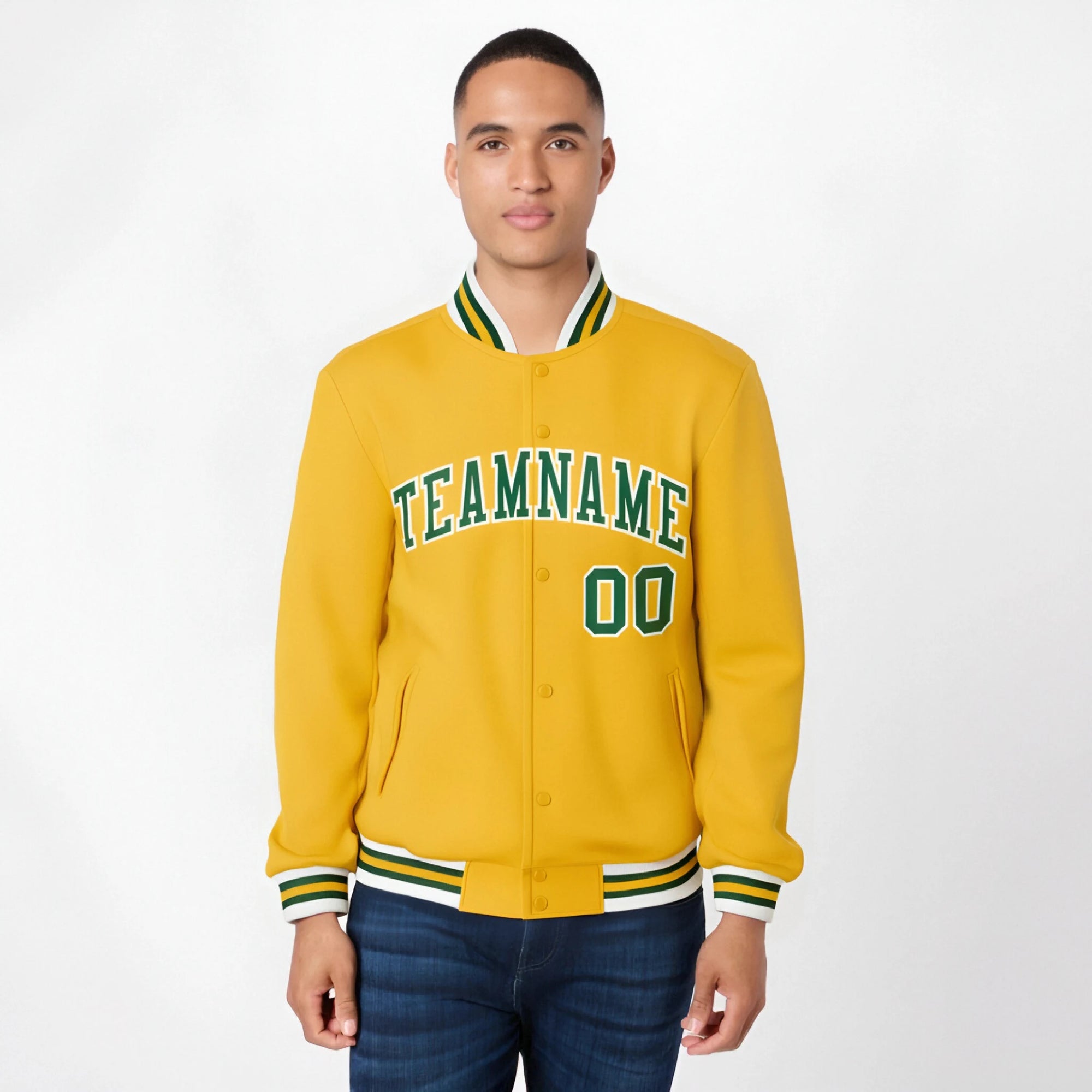 Custom Gold Kelly-Green White Bomber Full-Snap Varsity Letterman Jacket