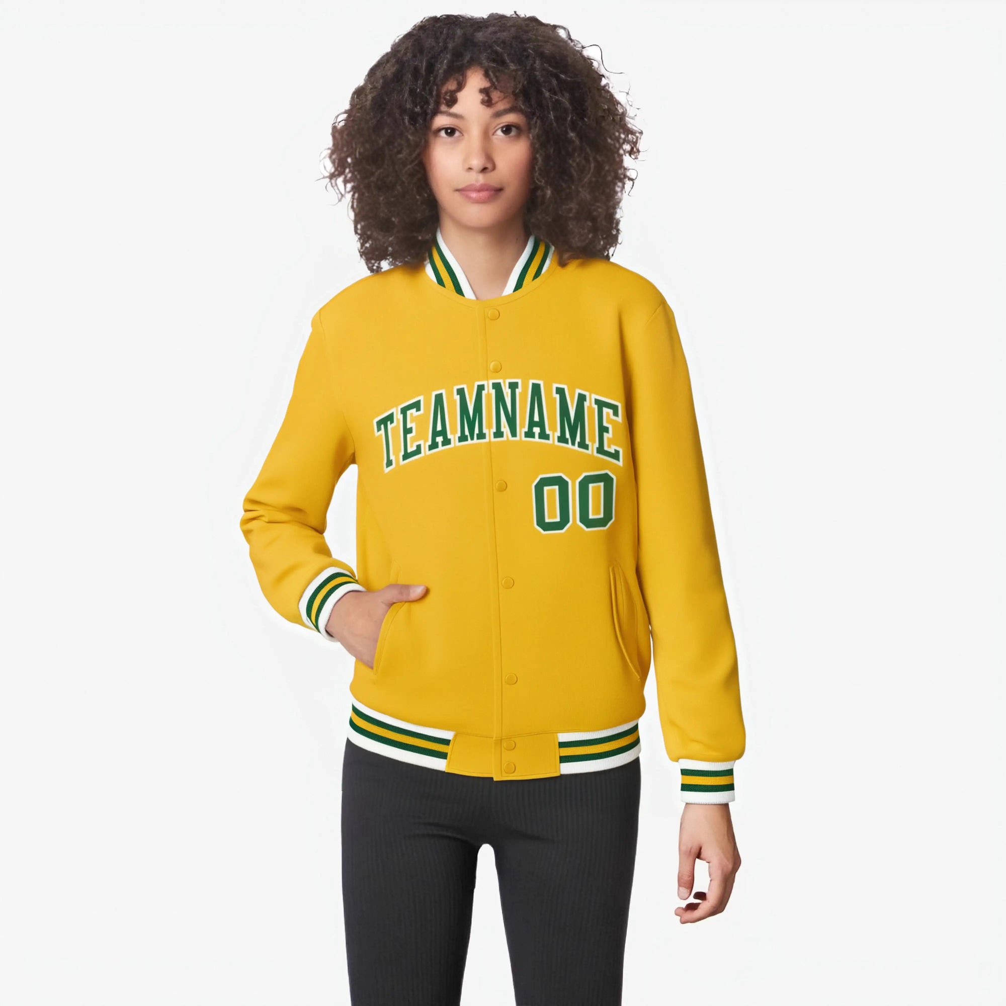 Custom Gold Kelly-Green White Bomber Full-Snap Varsity Letterman Jacket