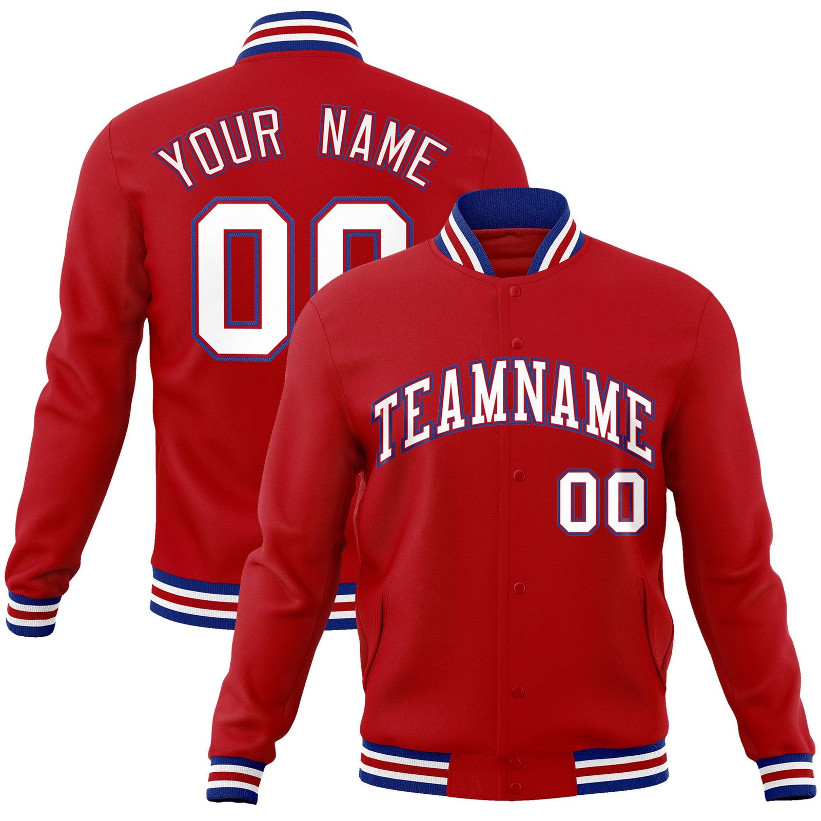 Custom Royal Red White Navy-Blue Bomber Full-Snap Varsity Letterman Jacket