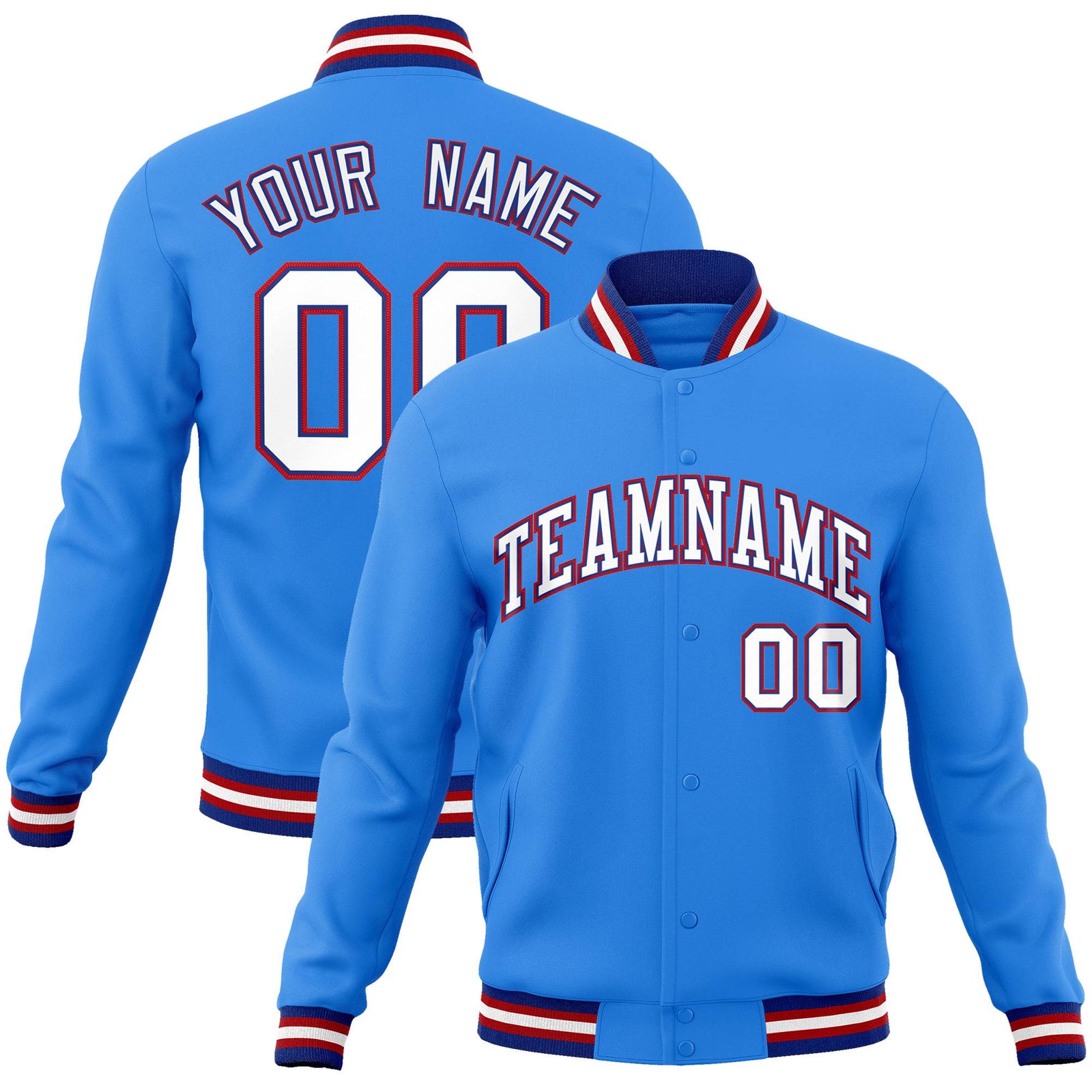 Custom Light Blue White-Red Bomber Full-Snap Varsity Letterman Jacket