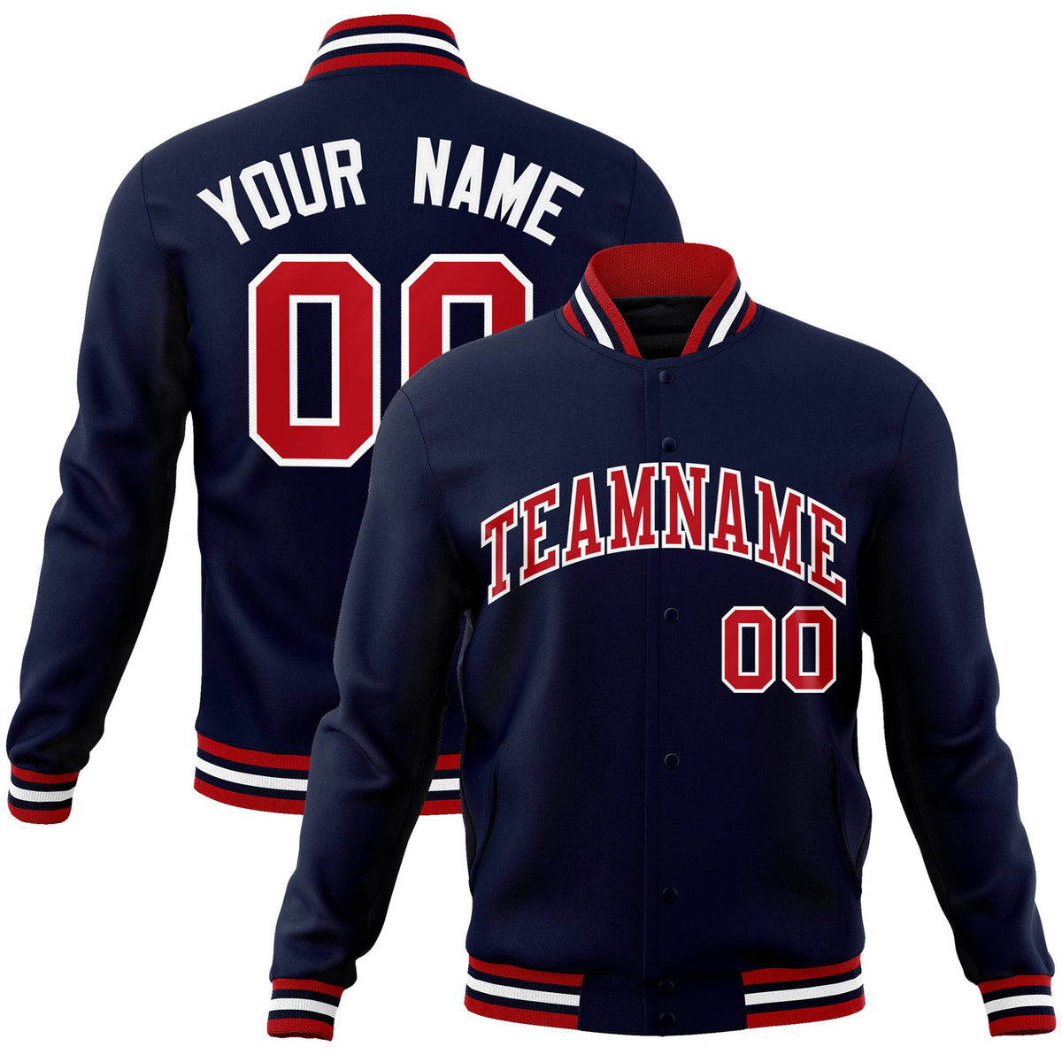 Custom Navy Fire Red White Bomber Full-Snap Varsity Letterman Jacket