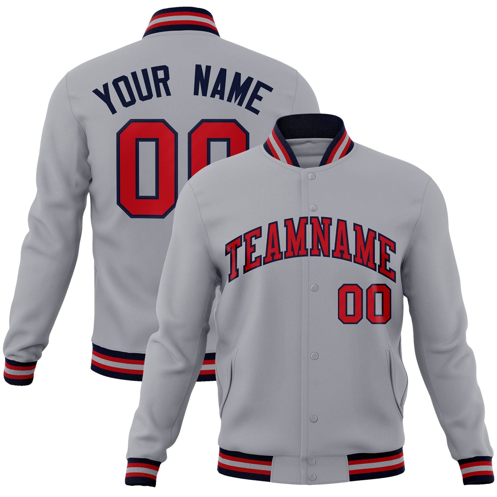 Custom Gray Red-Navy Bomber Full-Snap Varsity Letterman Jacket