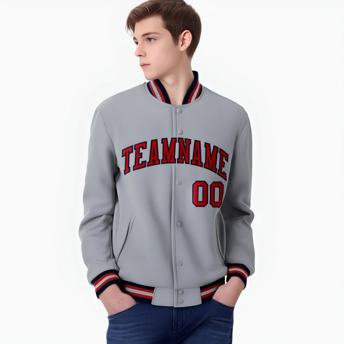 Custom Gray Red-Navy Bomber Full-Snap Varsity Letterman Jacket
