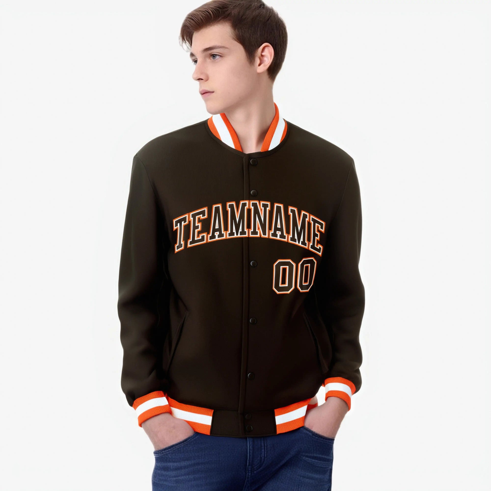 Custom Olive White Orange Bomber Full-Snap Varsity Letterman Jacket