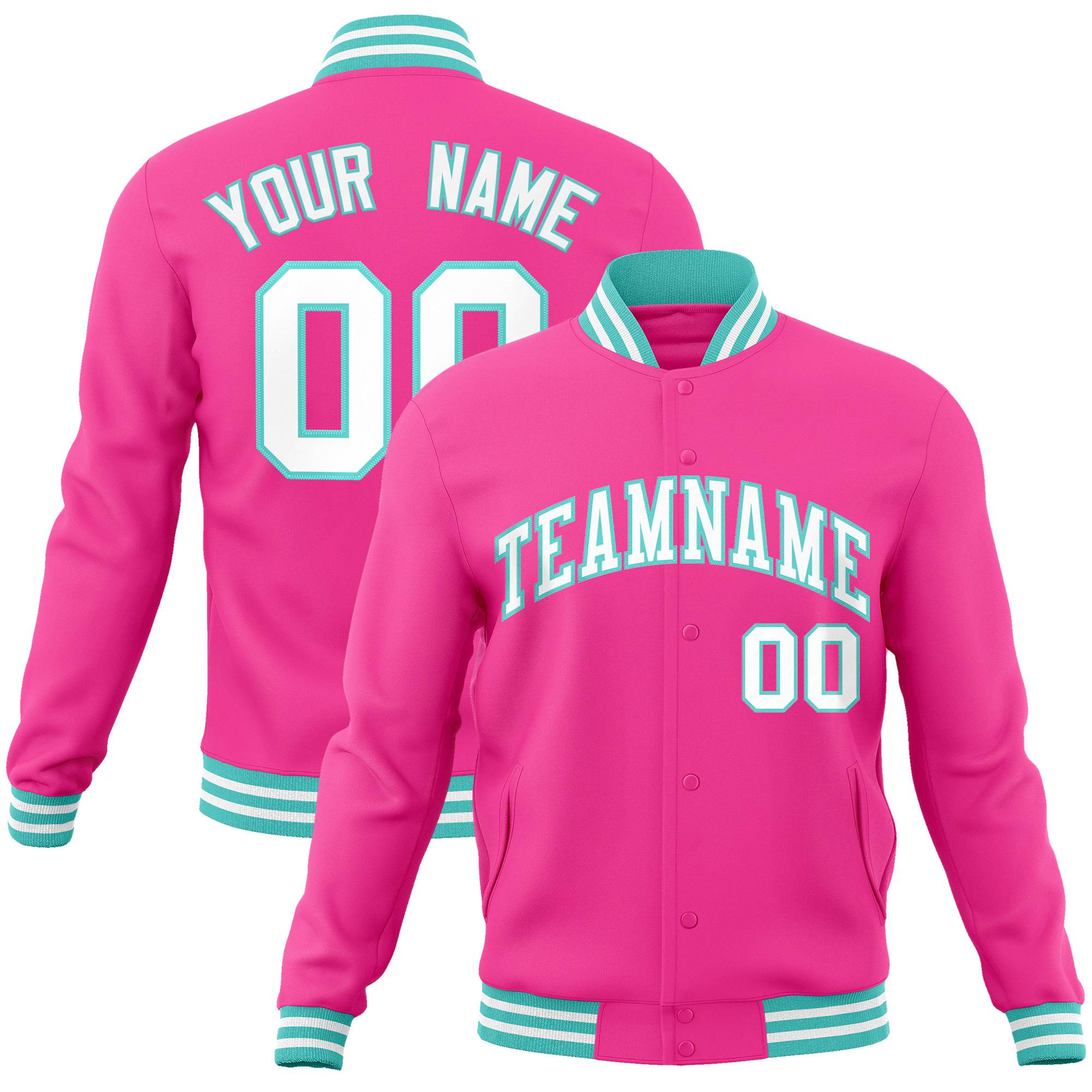 Custom Pink White Aqua Bomber Full-Snap Varsity Letterman Jacket