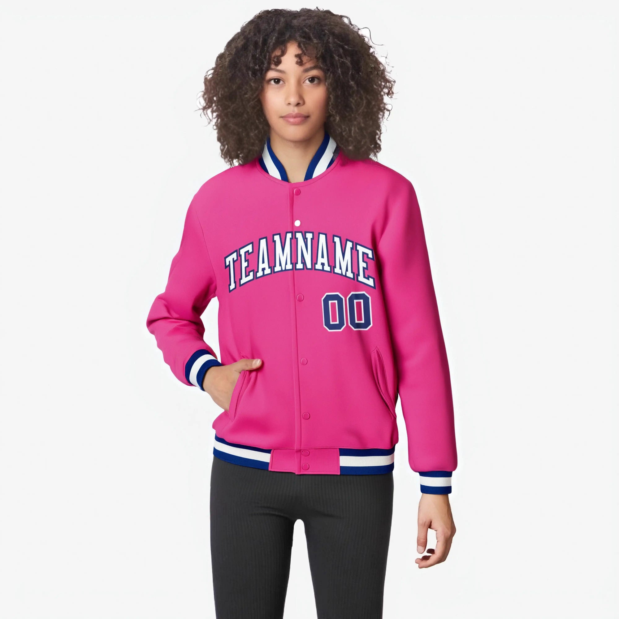 Custom Pink White Navy Bomber Full-Snap Varsity Letterman Jacket