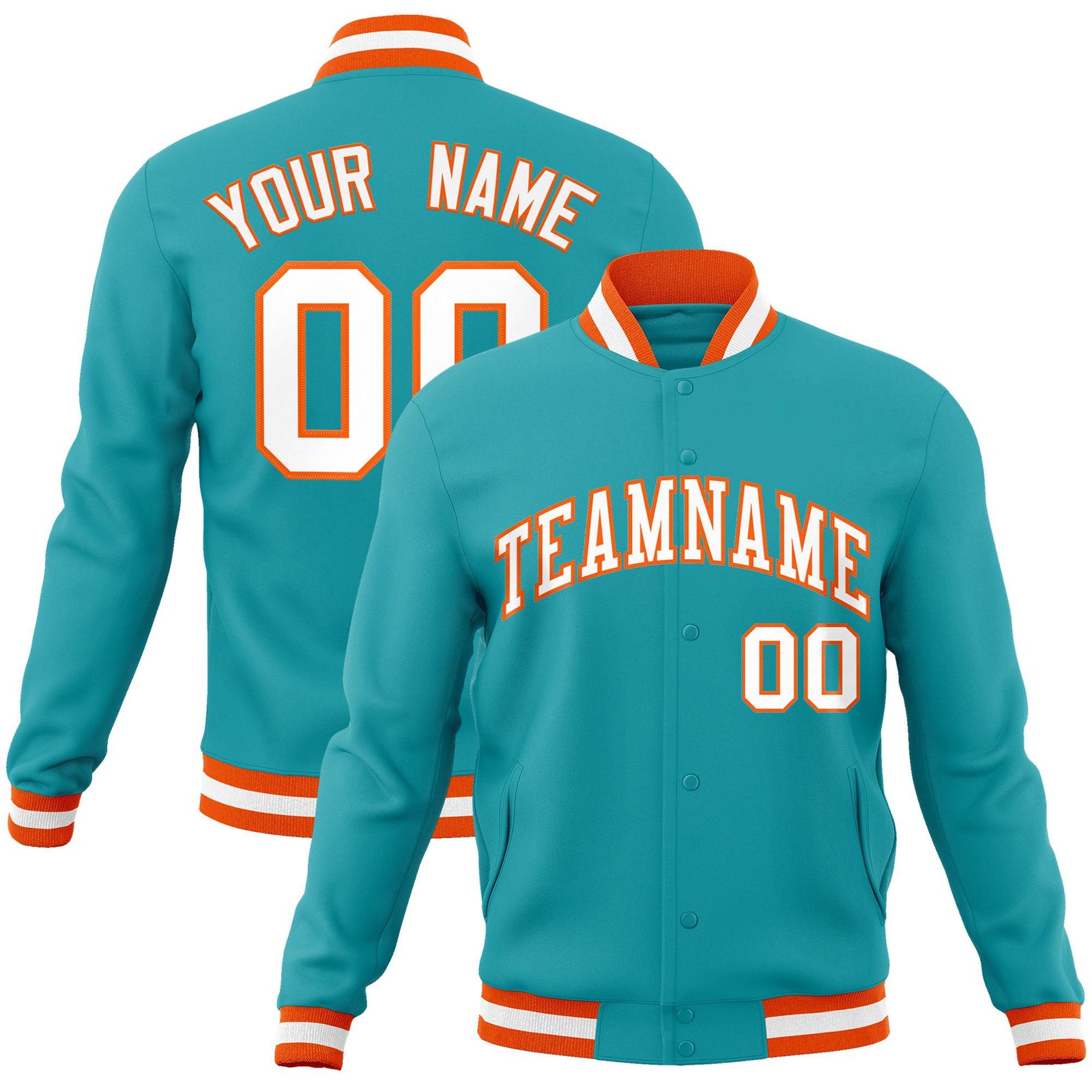 Custom Aqua White Orange Bomber Full-Snap Varsity Letterman Jacket