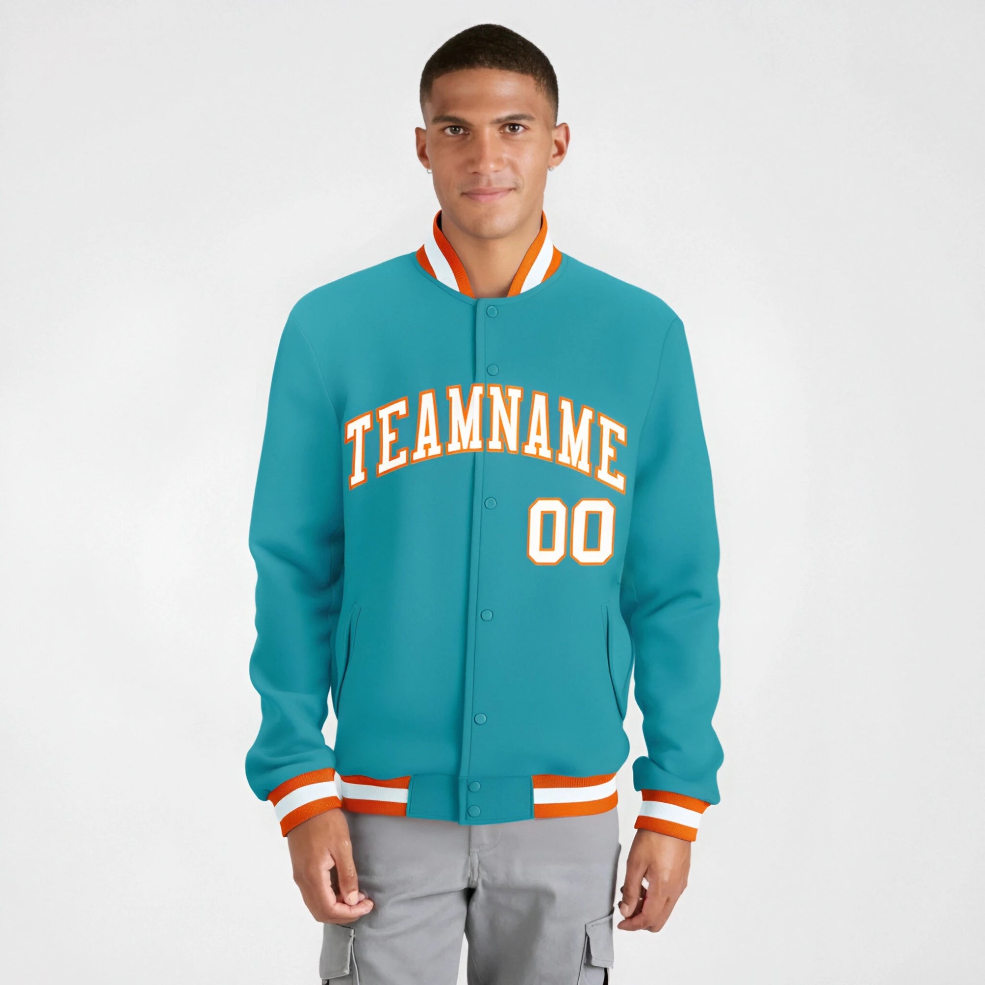 Custom Aqua White Orange Bomber Full-Snap Varsity Letterman Jacket