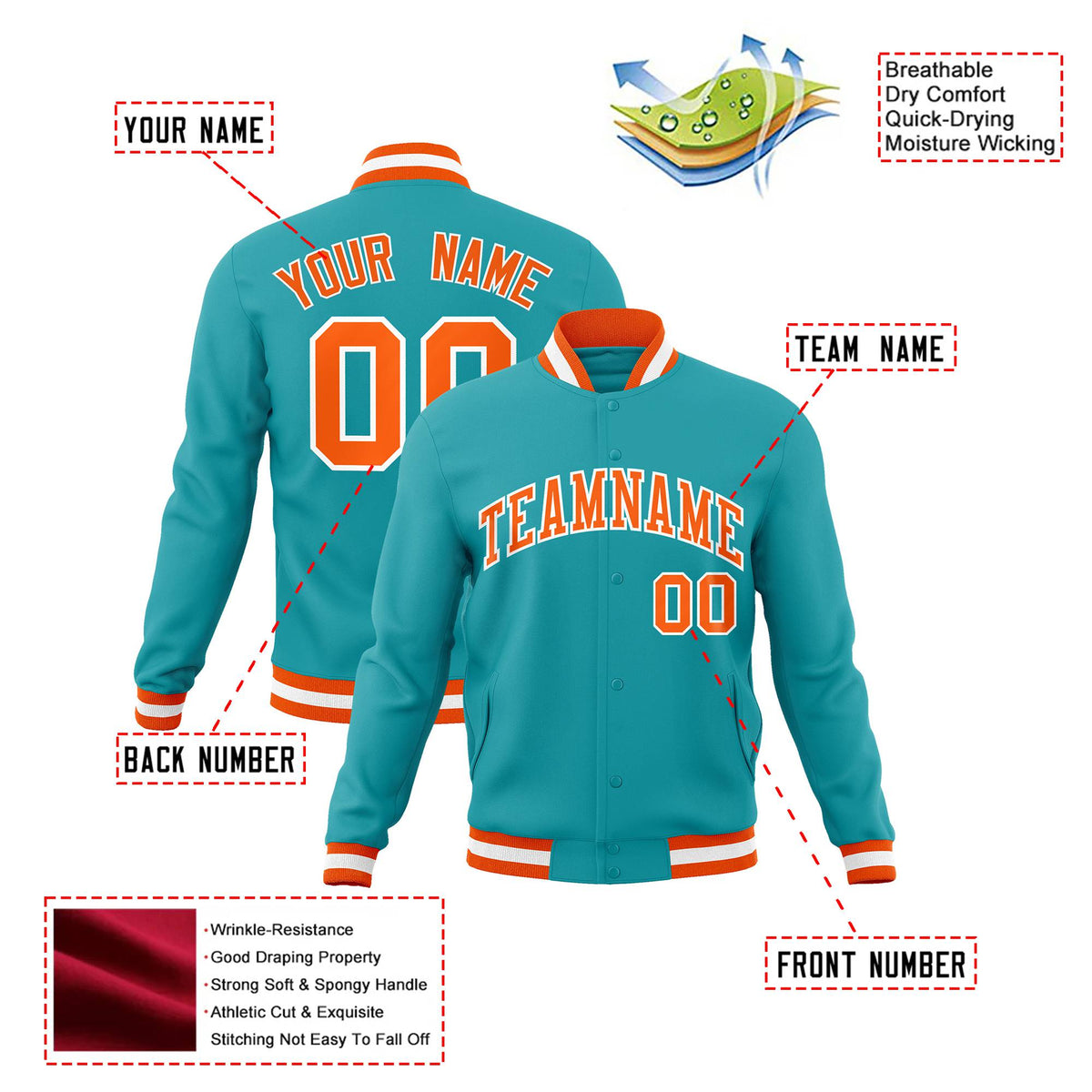 Custom Aqua Orange White Bomber Full-Snap Varsity Letterman Jacket