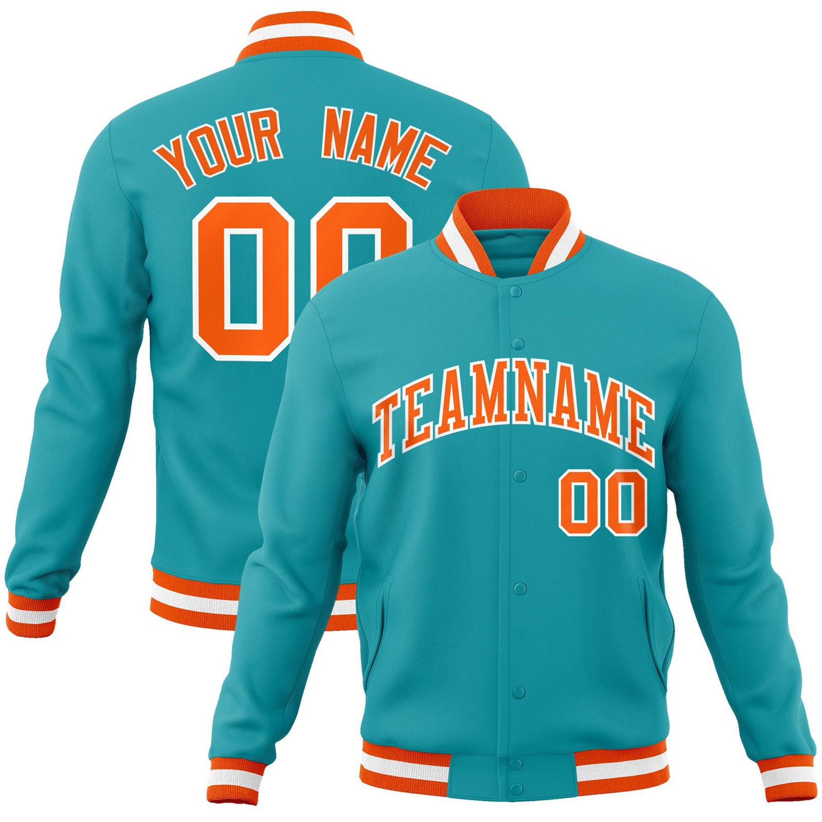 Custom Aqua Orange White Bomber Full-Snap Varsity Letterman Jacket