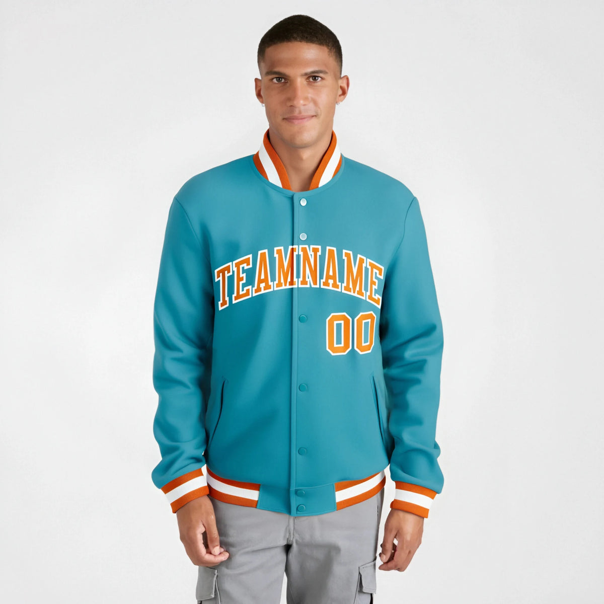 Custom Aqua Orange White Bomber Full-Snap Varsity Letterman Jacket