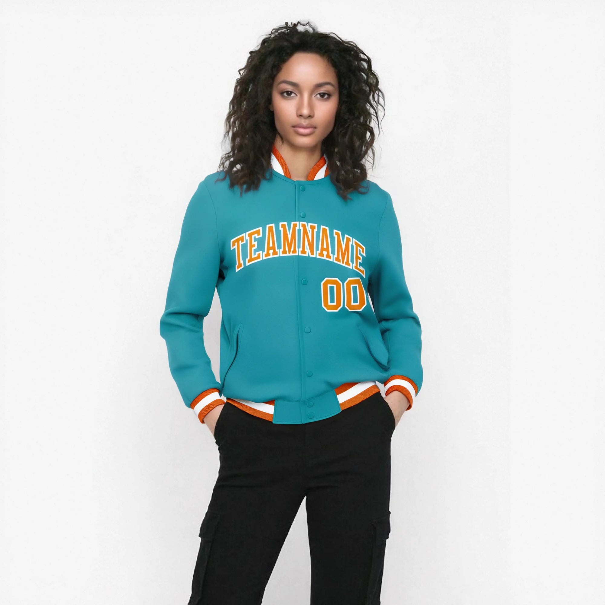 Custom Aqua Orange White Bomber Full-Snap Varsity Letterman Jacket