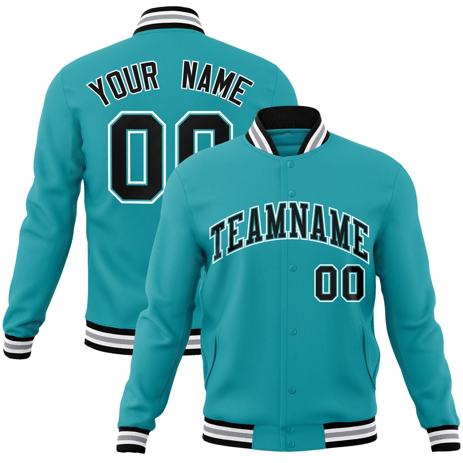 Custom Aqua Navy White Bomber Full-Snap Varsity Letterman Jacket