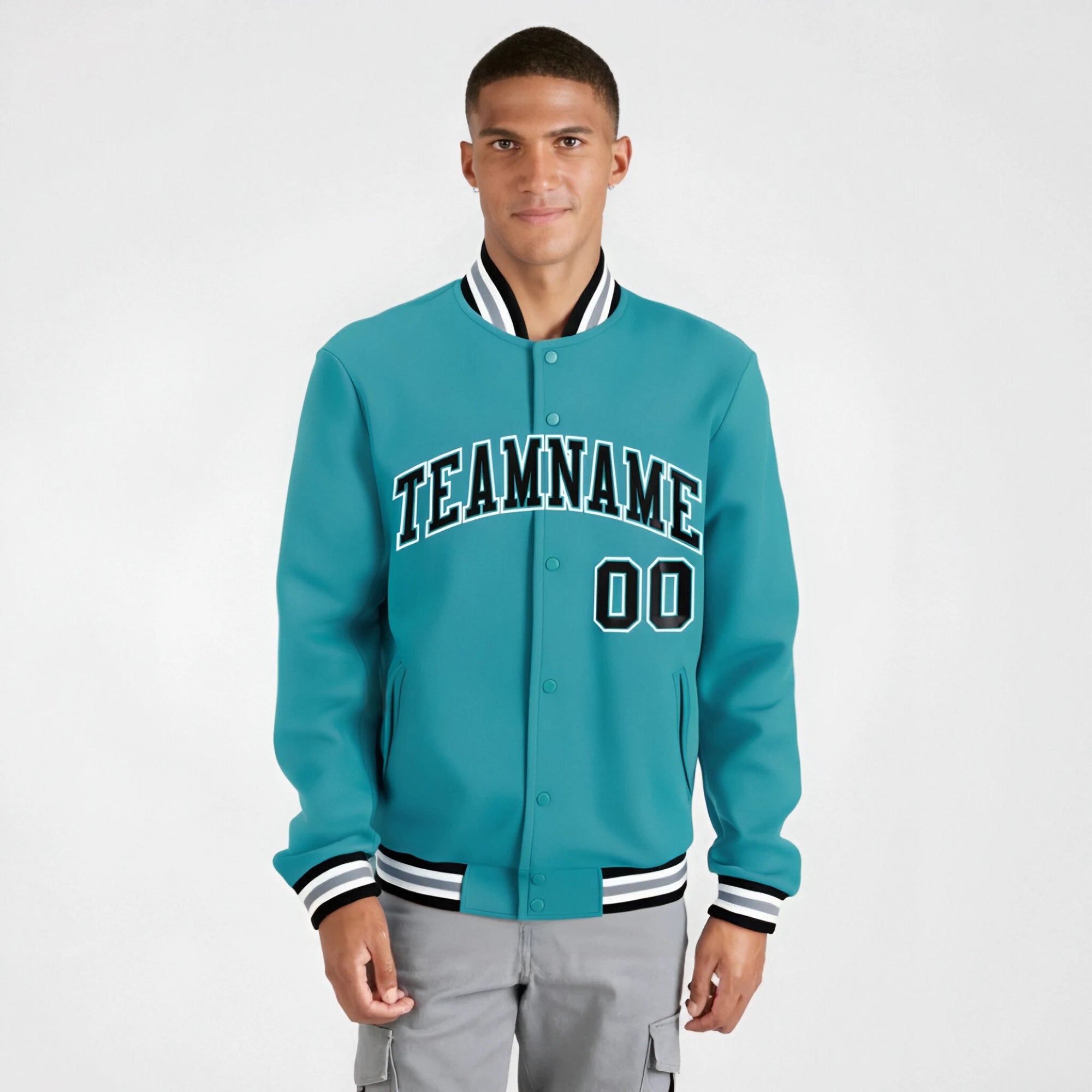 Custom Aqua Navy White Bomber Full-Snap Varsity Letterman Jacket