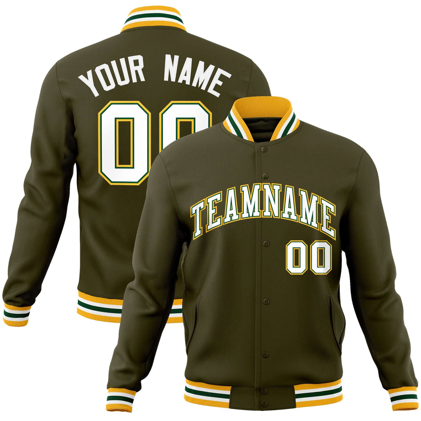 Custom Olive White Gold Bomber Full-Snap Varsity Letterman Jacket