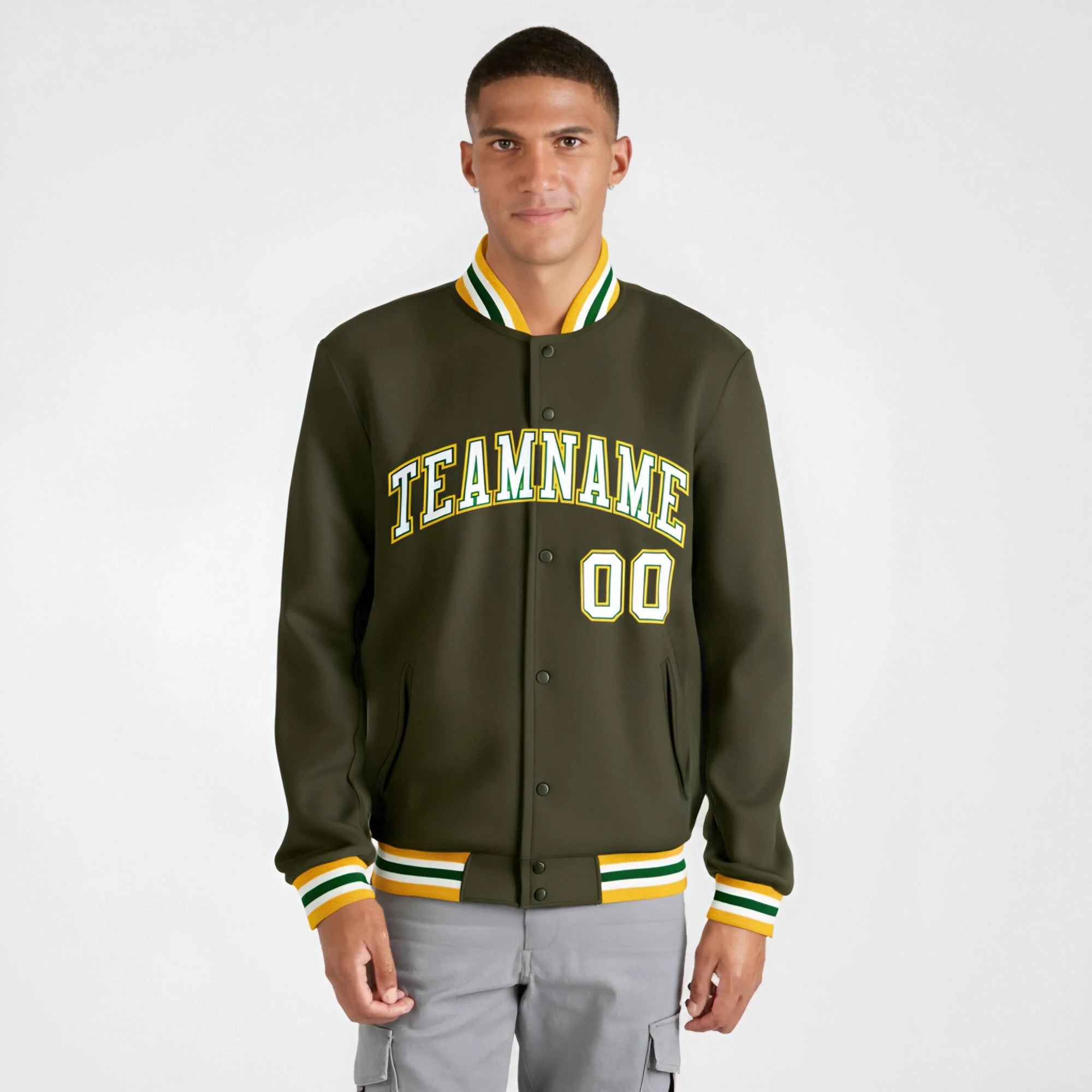 Custom Olive White Gold Bomber Full-Snap Varsity Letterman Jacket