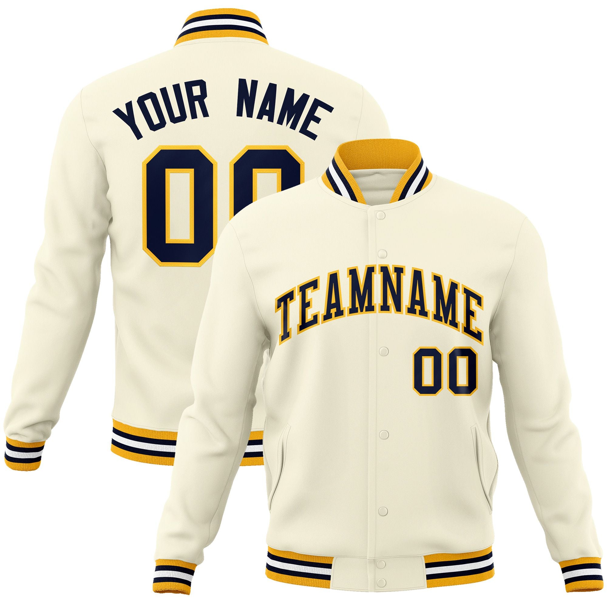 Custom Cream Navy Gold Bomber Full-Snap Varsity Letterman Jacket