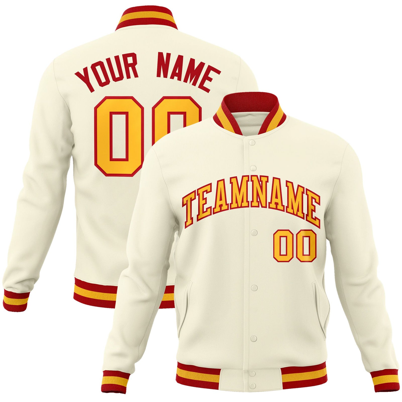 Custom Cream Yellow Red Bomber Full-Snap Varsity Letterman Jacket