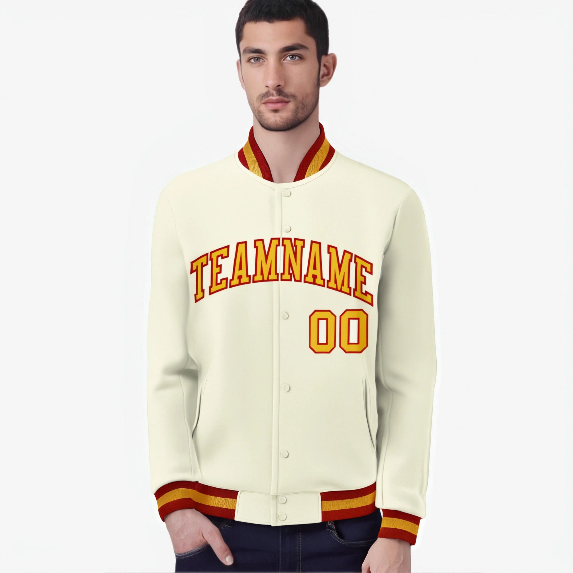 Custom Cream Yellow Red Bomber Full-Snap Varsity Letterman Jacket