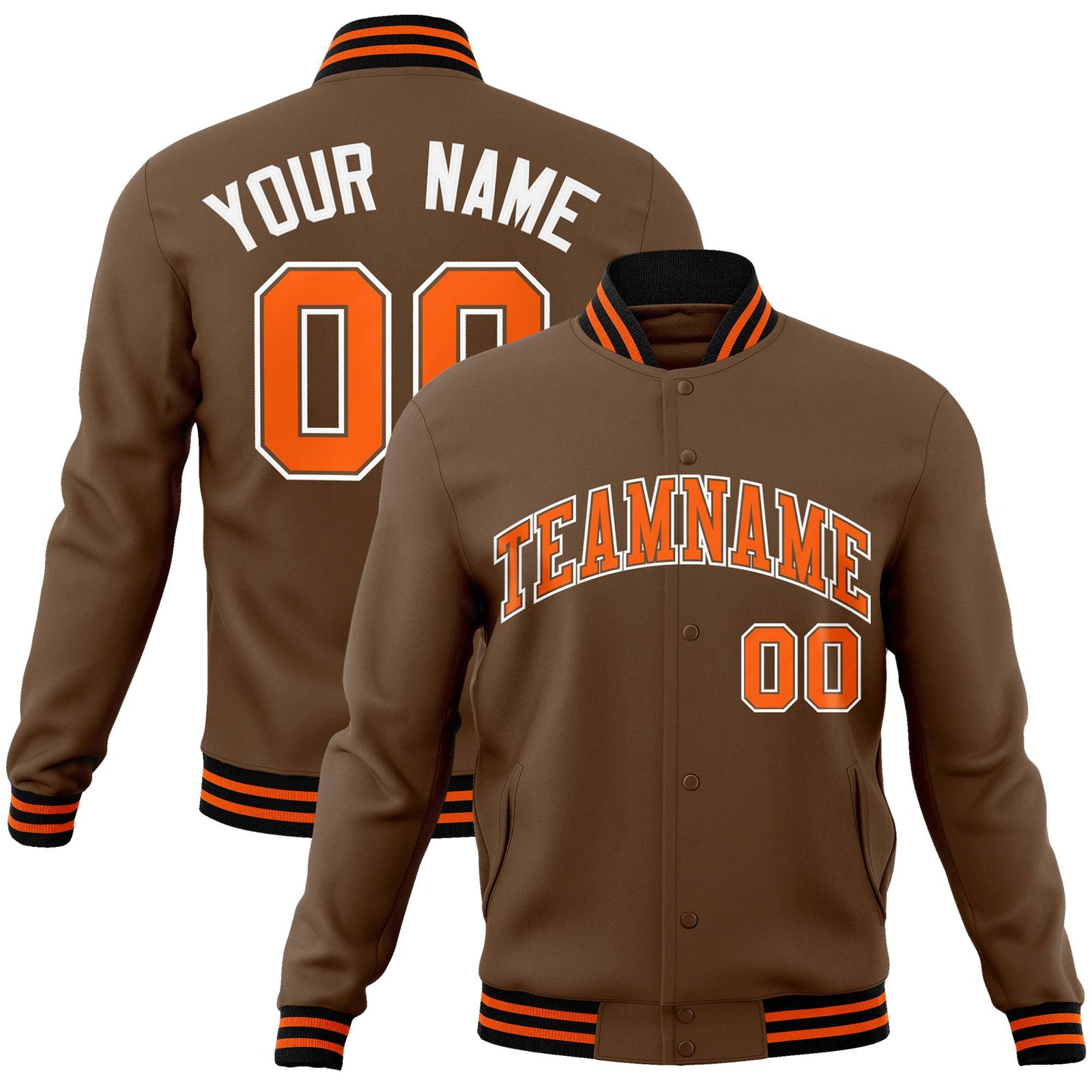 Custom Brown Orange White Bomber Full-Snap Varsity Letterman Jacket