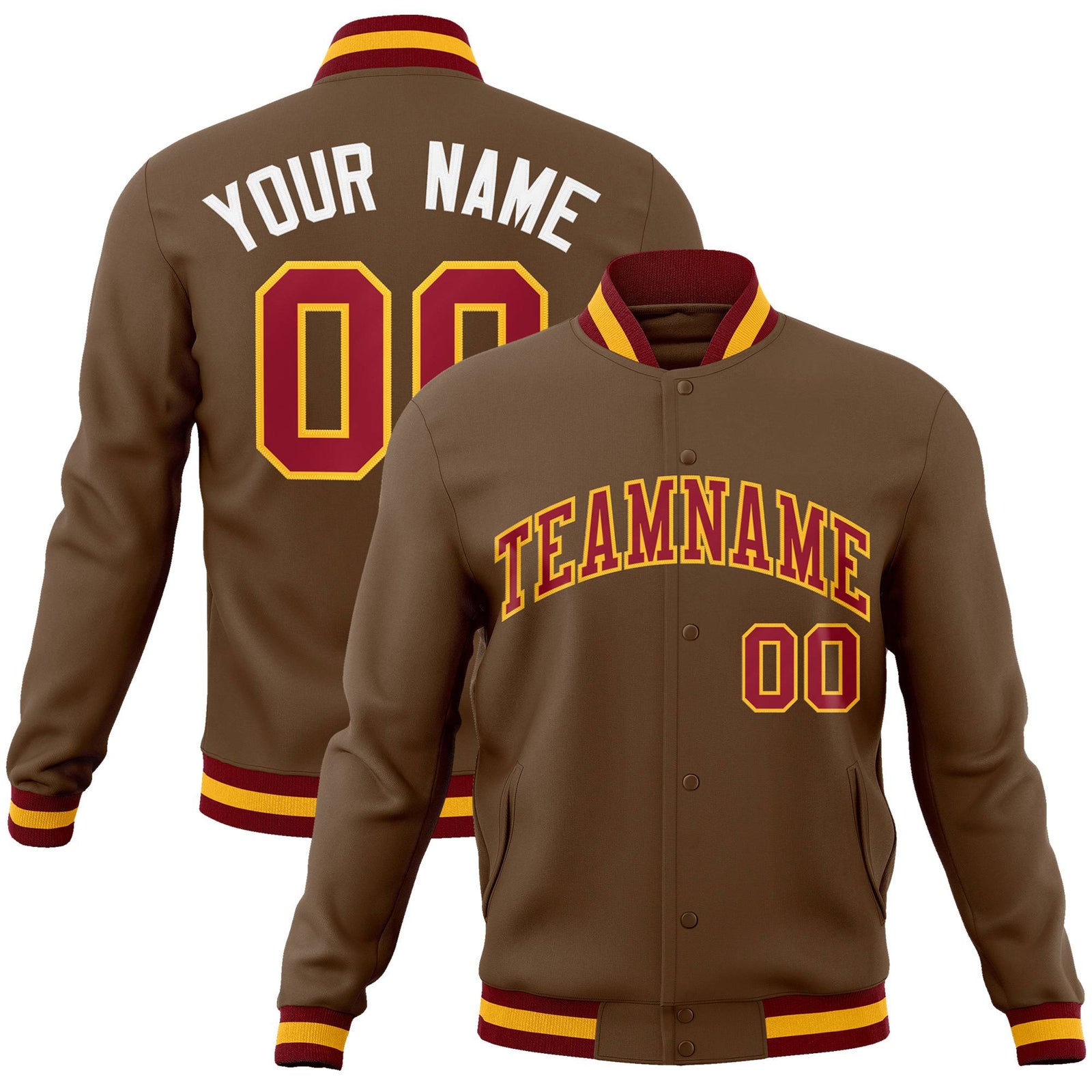 Custom Brown Burgundy Gold Bomber Full-Snap Varsity Letterman Jacket