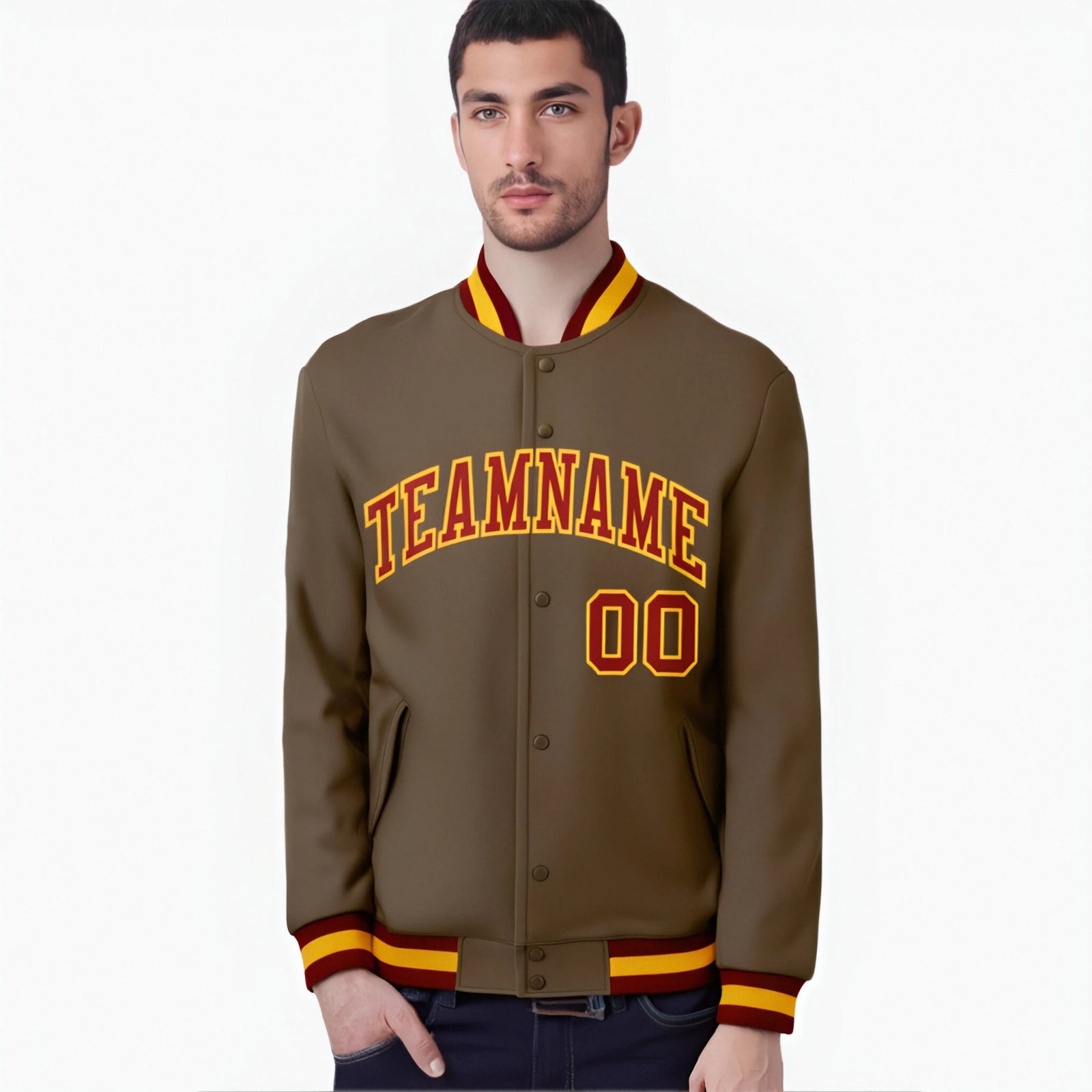Custom Brown Burgundy Gold Bomber Full-Snap Varsity Letterman Jacket