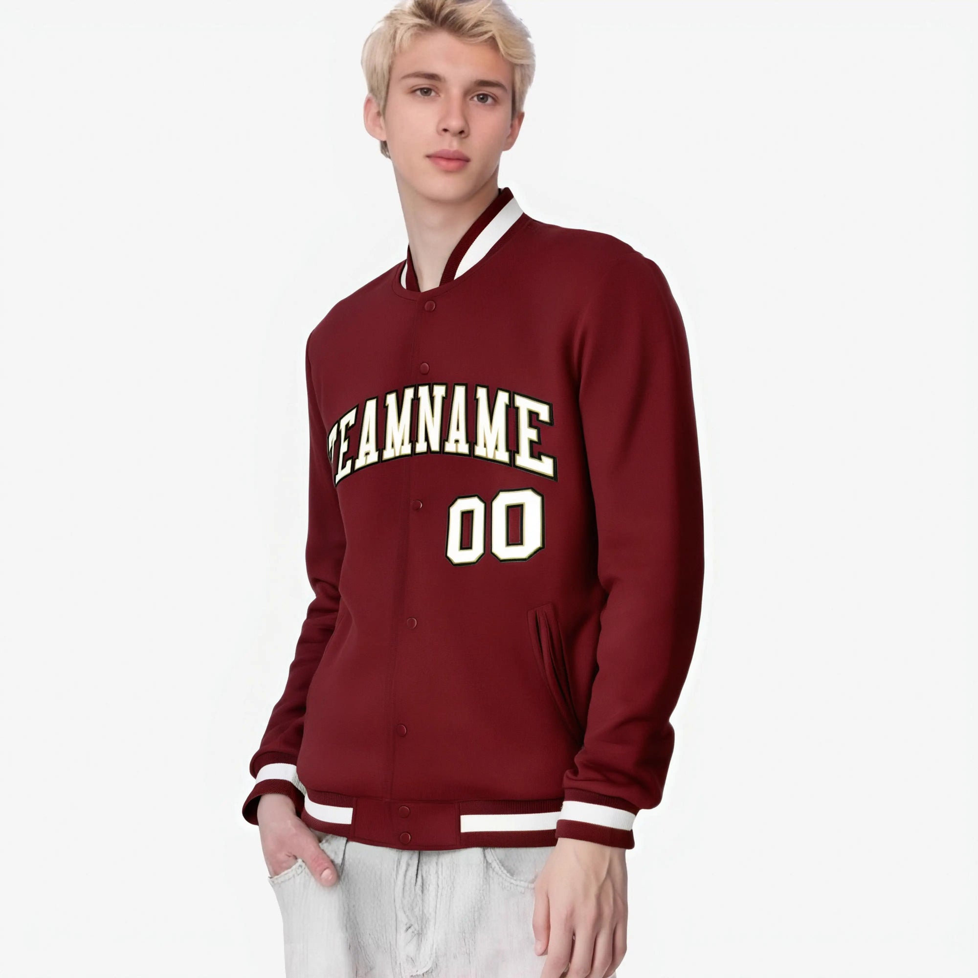 Custom Burgundy White-Gold Bomber Full-Snap Varsity Letterman Jacket