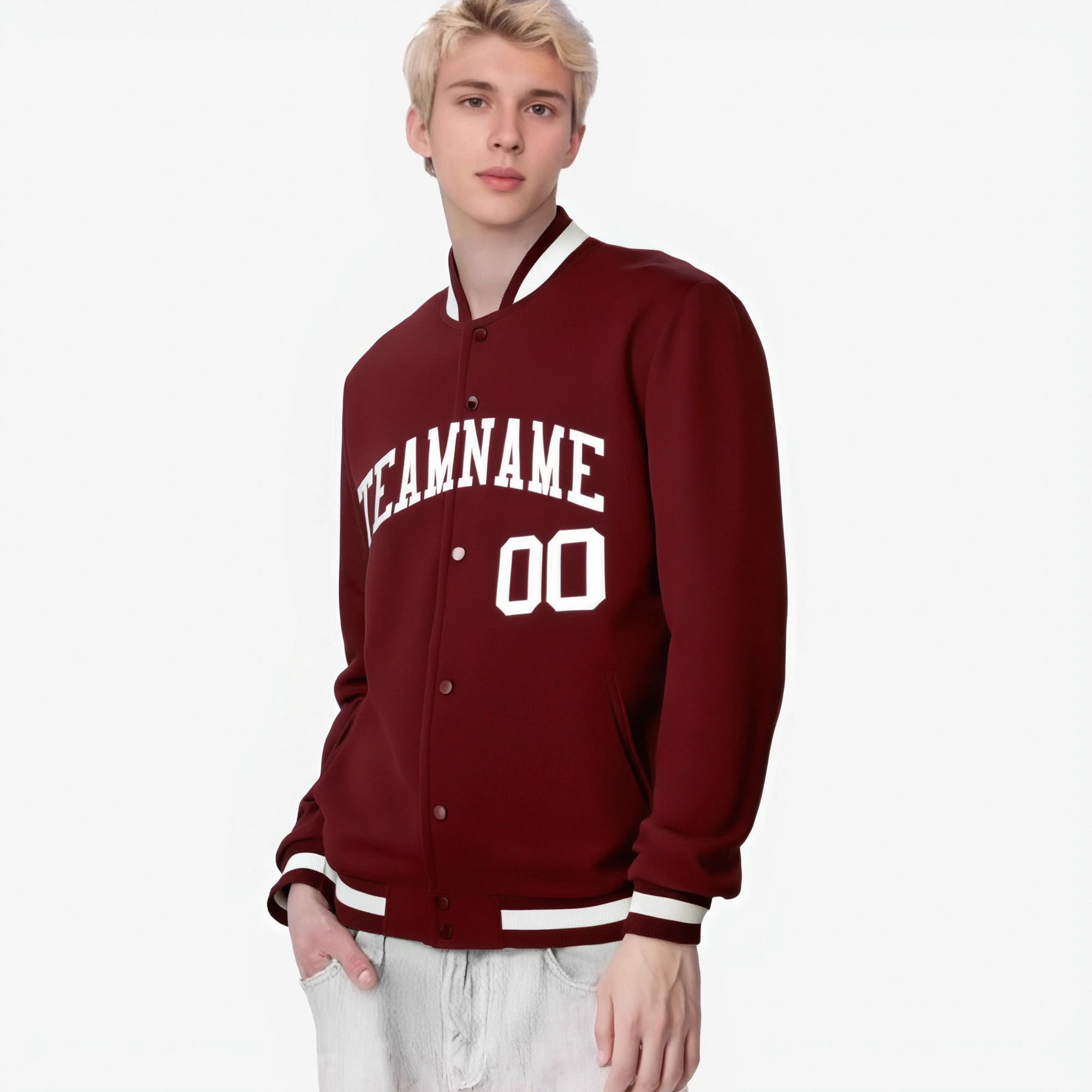 Custom Burgundy White Bomber Full-Snap Varsity Letterman Jacket