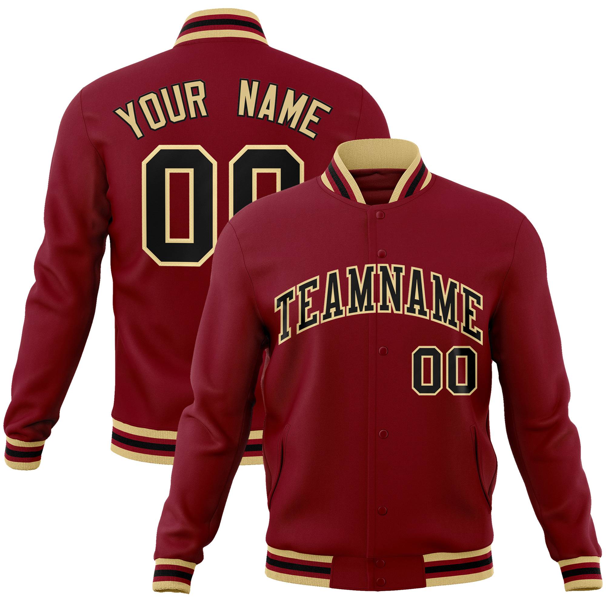 Custom Burgundy Black Old-Gold Bomber Full-Snap Varsity Letterman Jacket