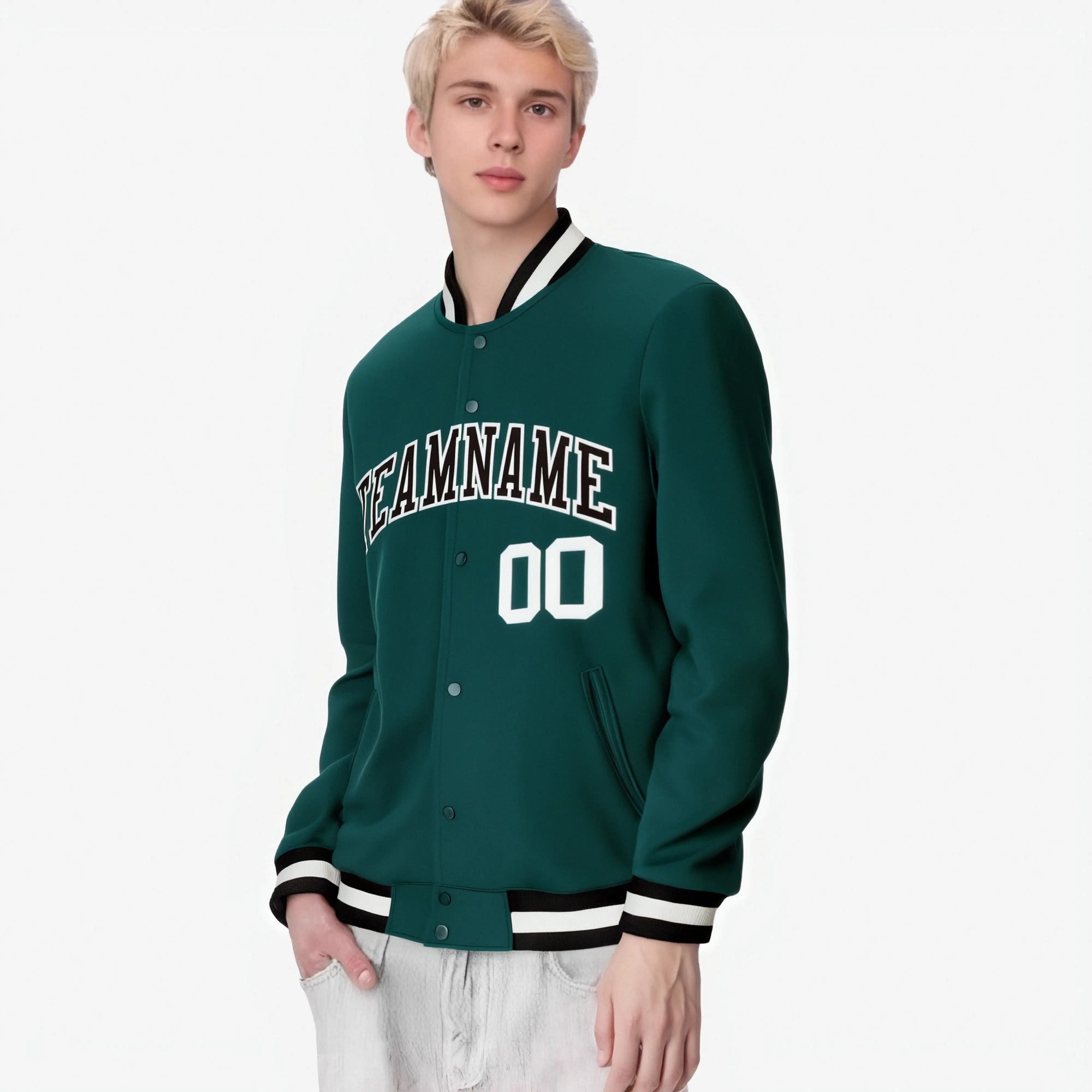 Custom Midnight-Green Black-White Bomber Full-Snap Varsity Letterman Jacket