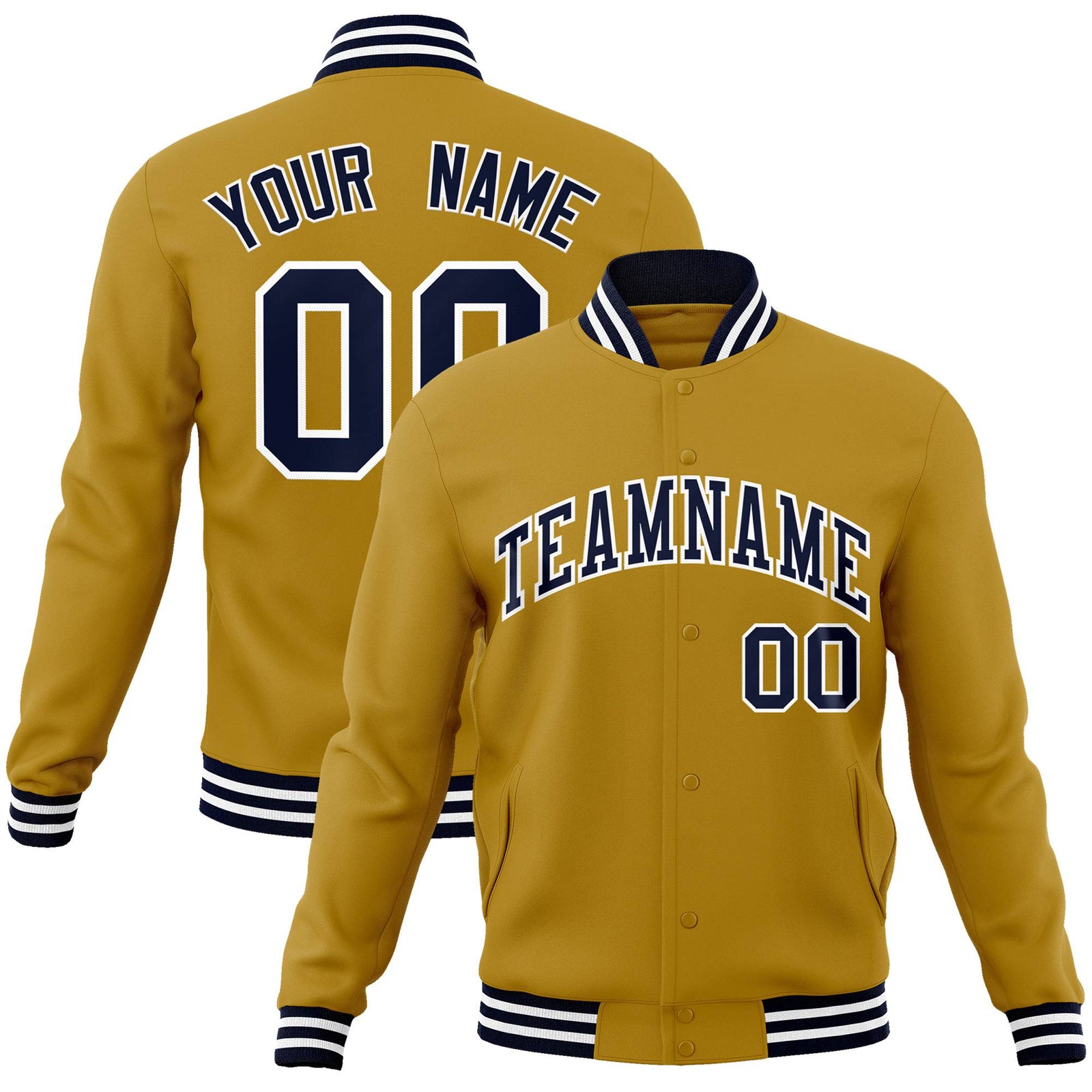 Custom Old Gold Navy-White Bomber Full-Snap Varsity Letterman Jacket