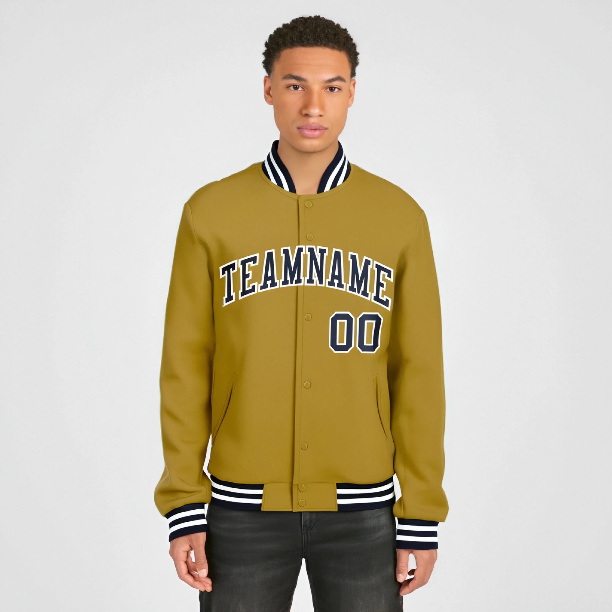 Custom Old Gold Navy-White Bomber Full-Snap Varsity Letterman Jacket