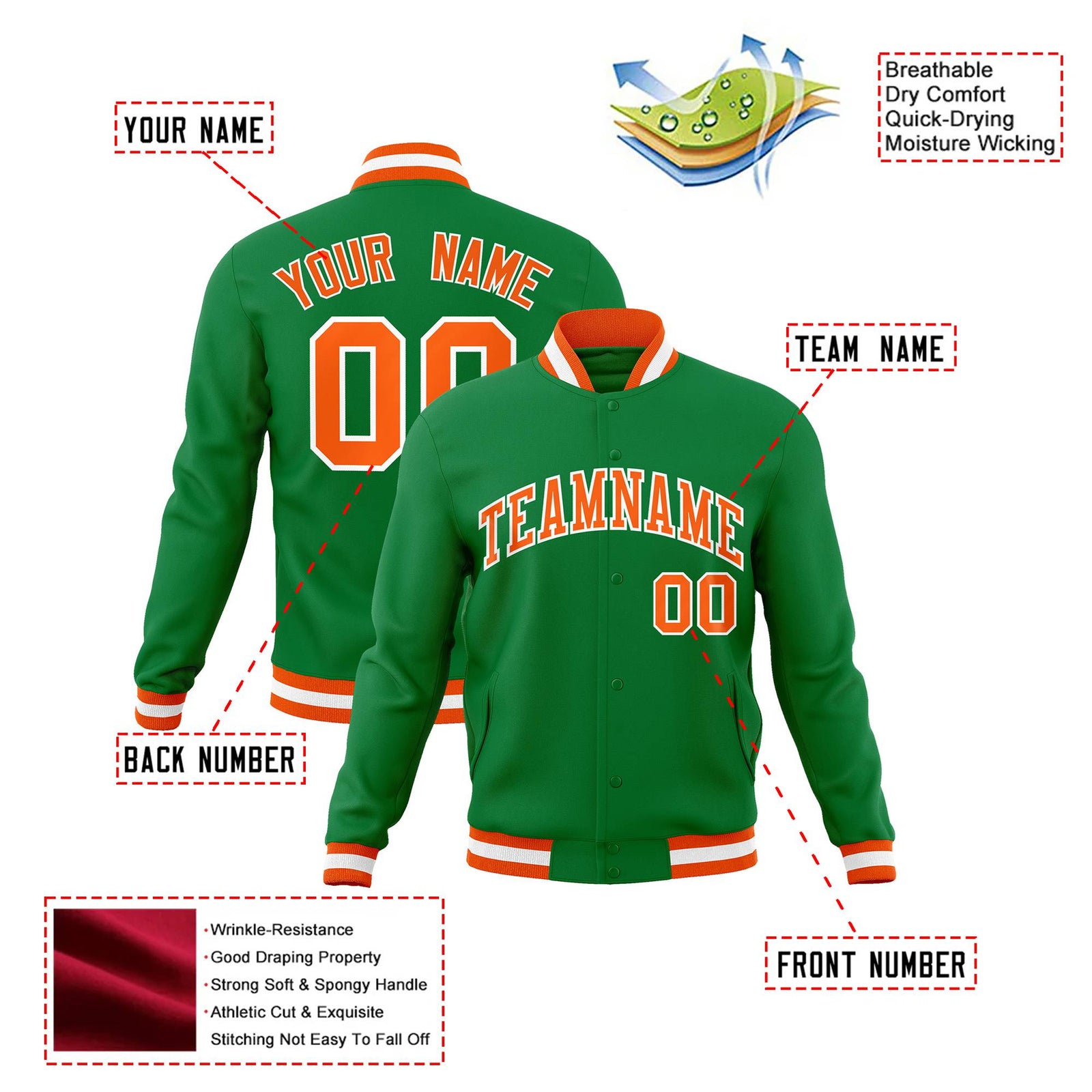 Custom Neon-Green Orange-White Bomber Full-Snap Varsity Letterman Jacket