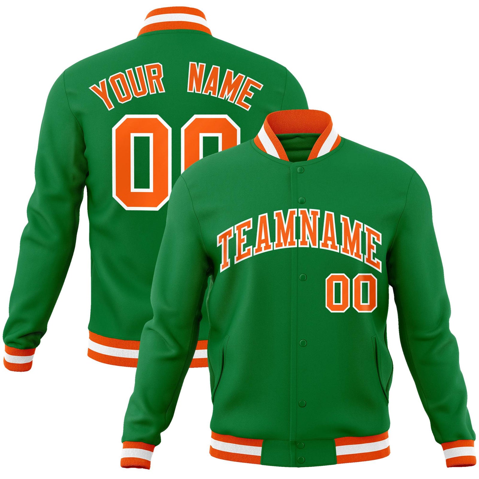 Custom Neon-Green Orange-White Bomber Full-Snap Varsity Letterman Jacket