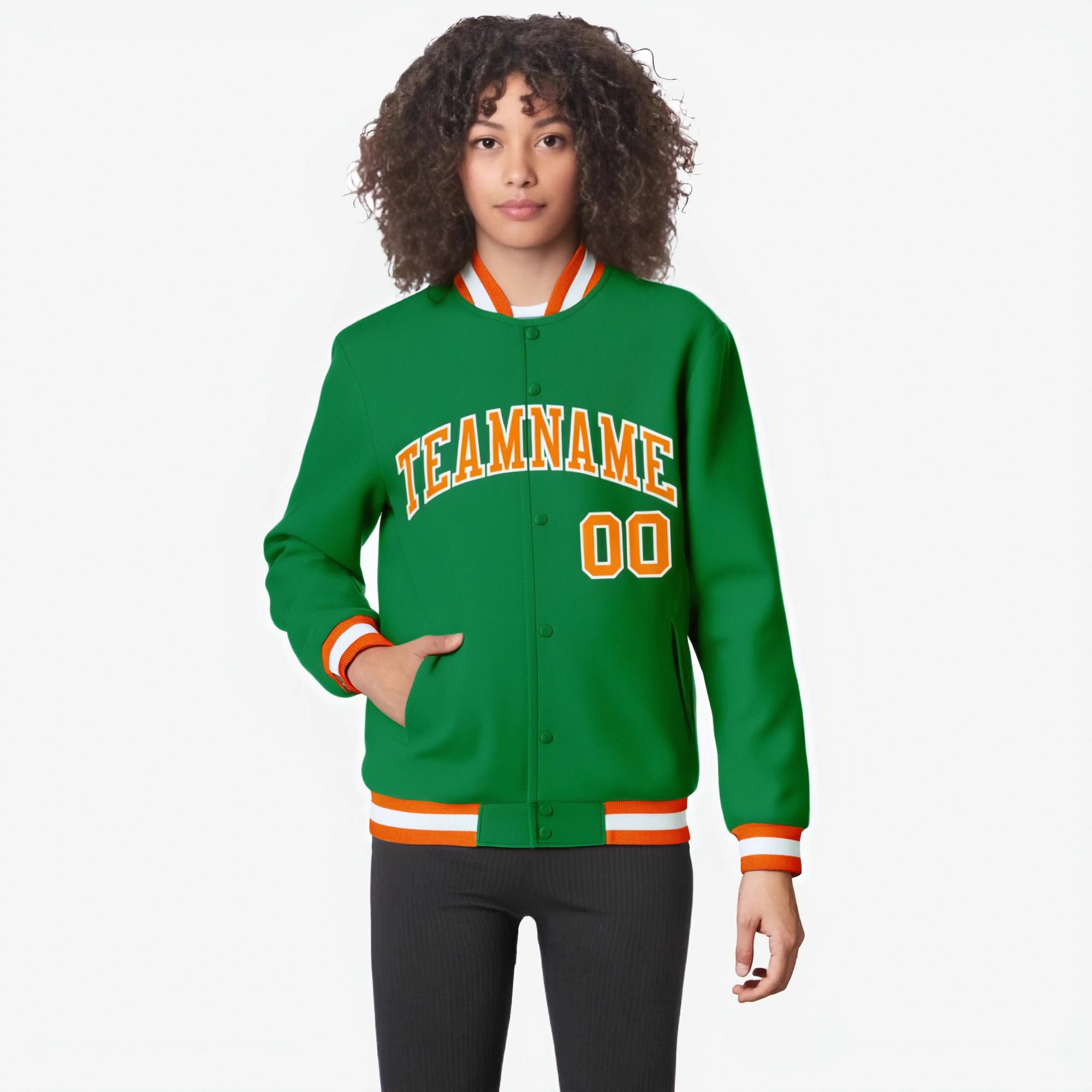 Custom Neon-Green Orange-White Bomber Full-Snap Varsity Letterman Jacket