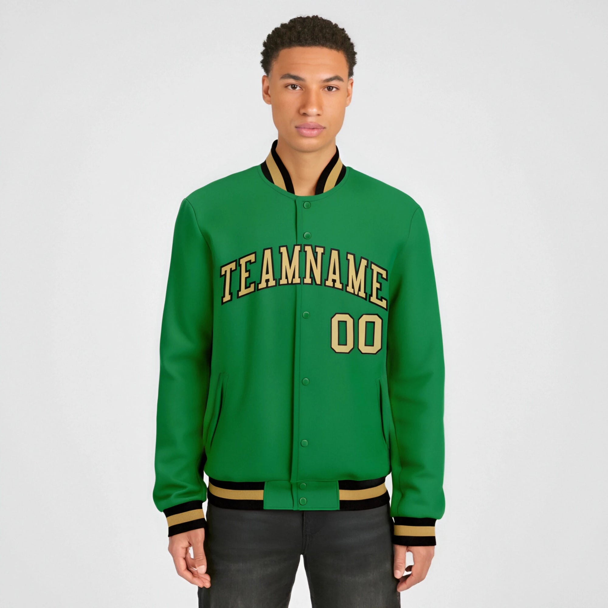 Custom Neon-Green Brown-White Bomber Full-Snap Varsity Letterman Jacket