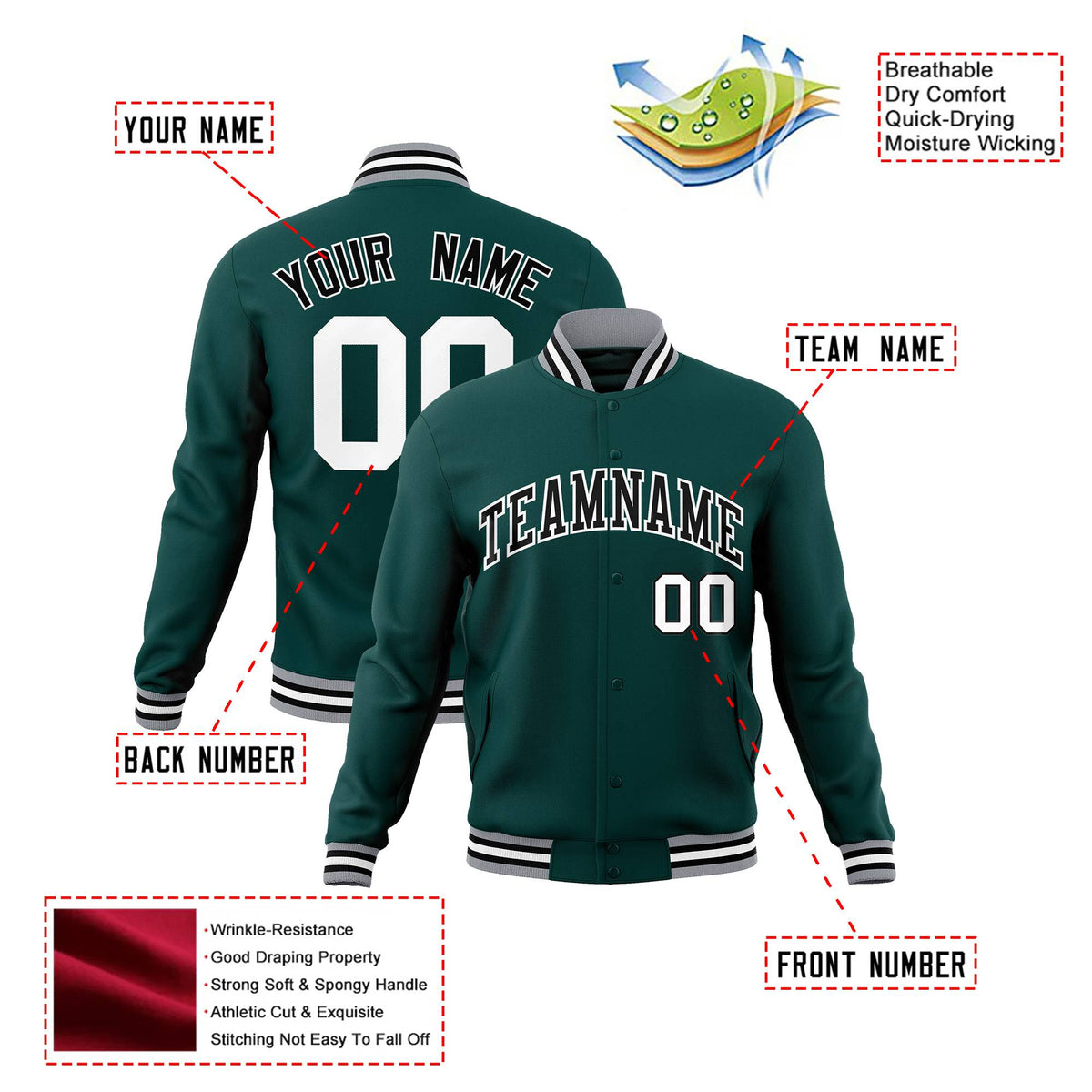 Custom Midnight-Green Black Gray Bomber Full-Snap Varsity Letterman Jacket