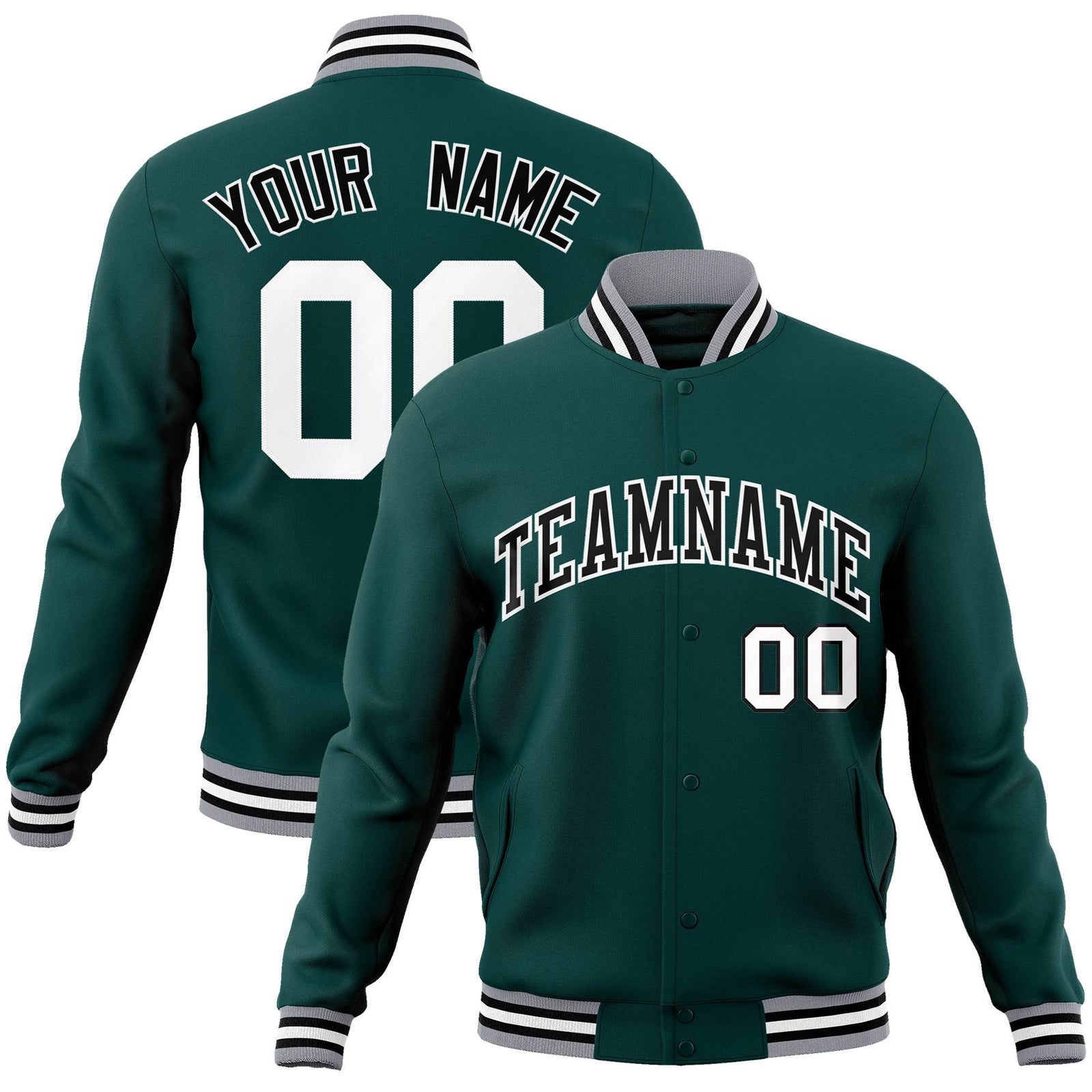 Custom Midnight-Green Black Gray Bomber Full-Snap Varsity Letterman Jacket