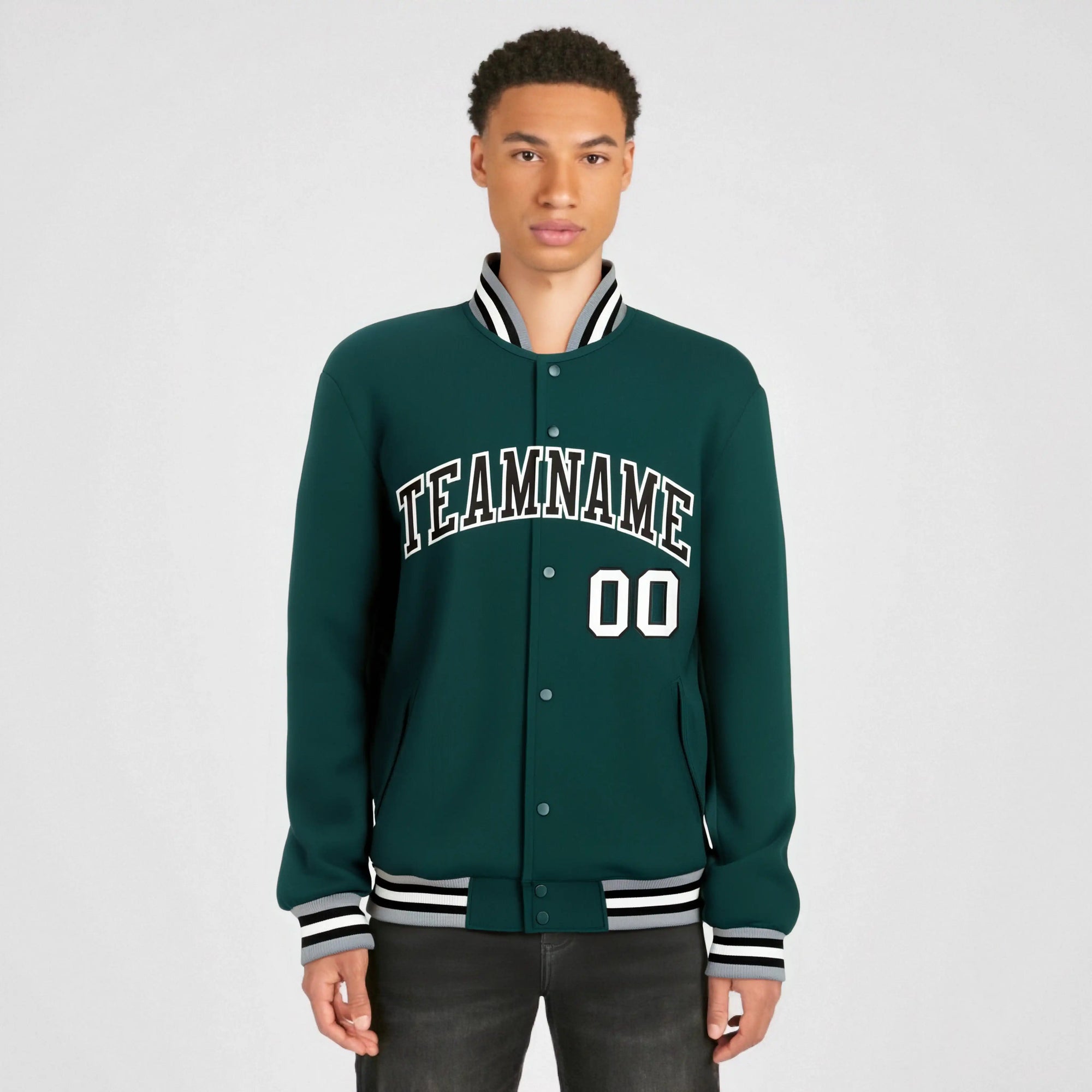 Custom Midnight-Green Black Gray Bomber Full-Snap Varsity Letterman Jacket