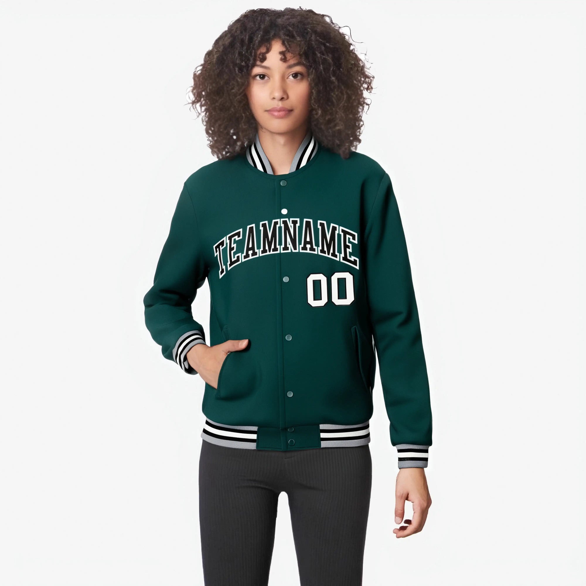 Custom Midnight-Green Black Gray Bomber Full-Snap Varsity Letterman Jacket