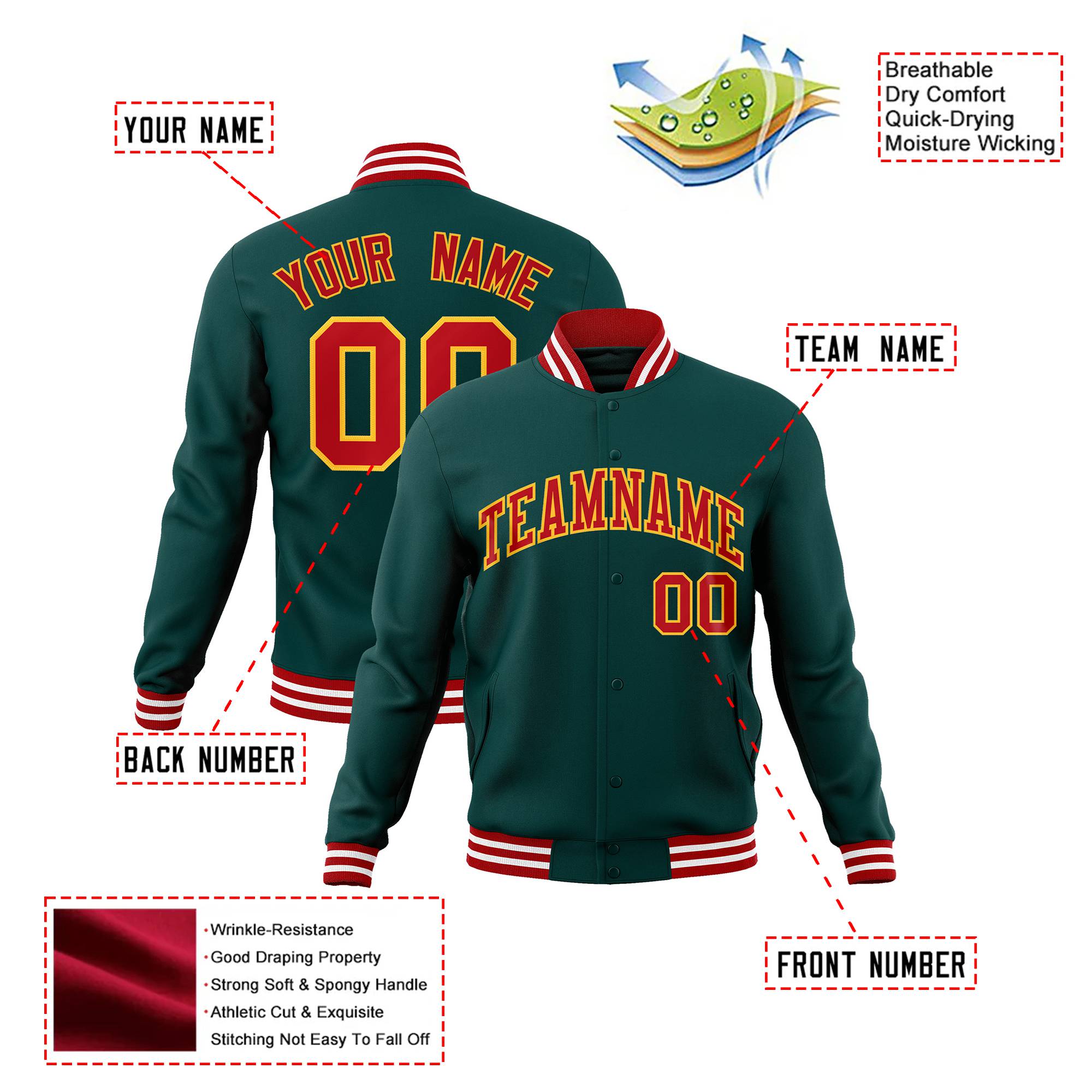 Custom Midnight-Green Red-Gold Bomber Full-Snap Varsity Letterman Jacket