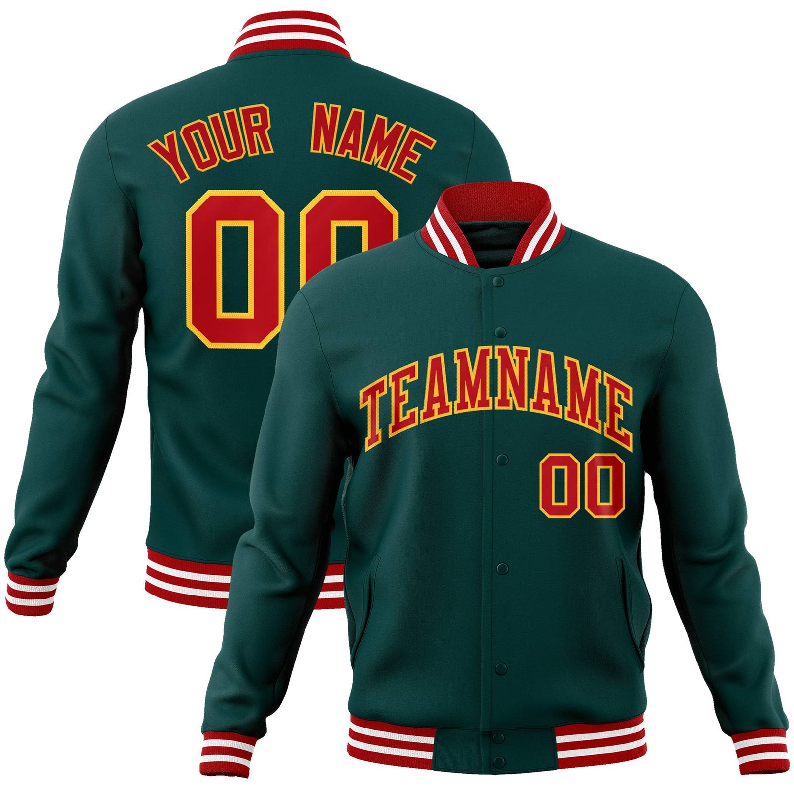 Custom Midnight-Green Red-Gold Bomber Full-Snap Varsity Letterman Jacket